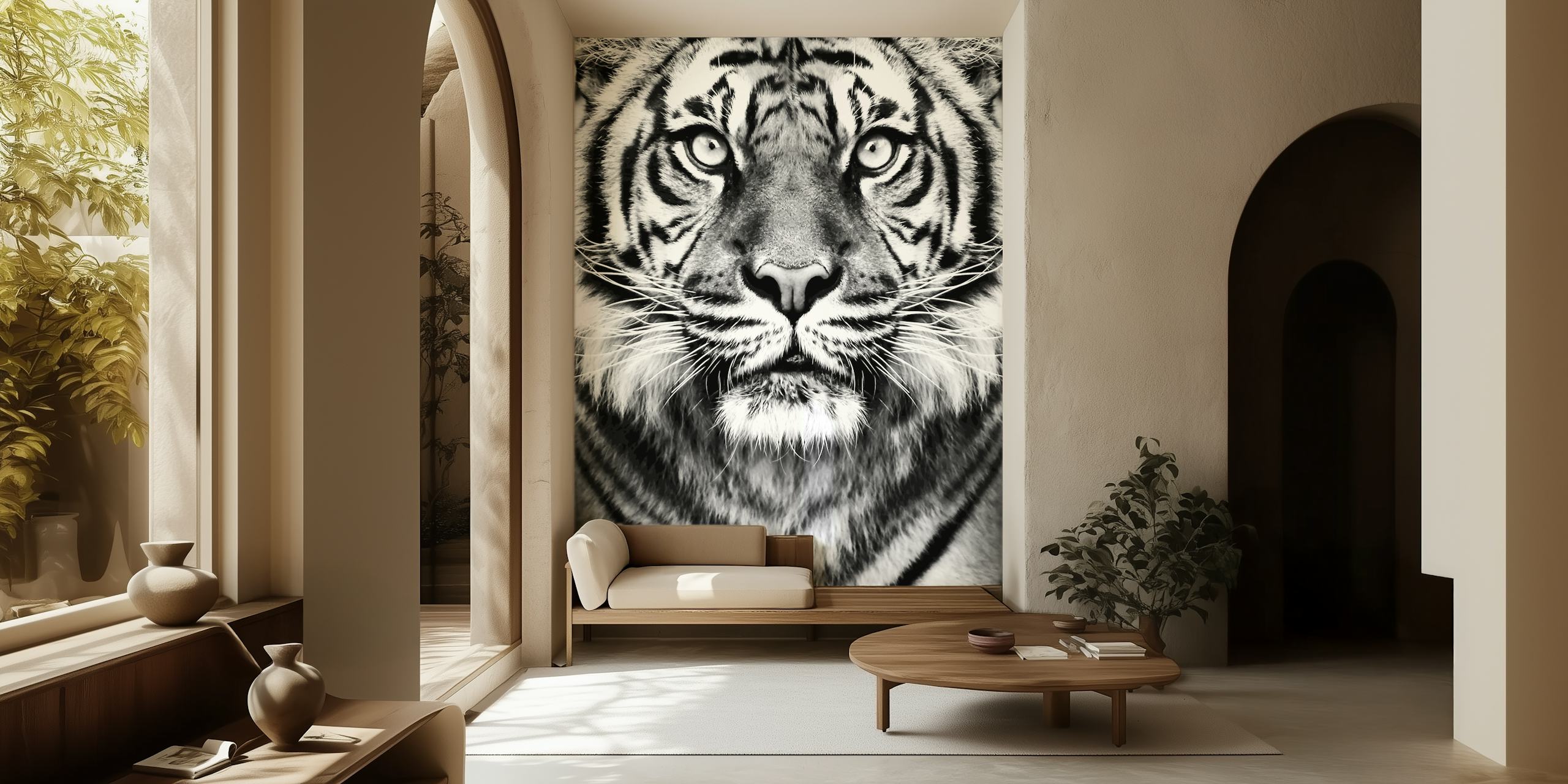 Tiger face in black and white wallpaper