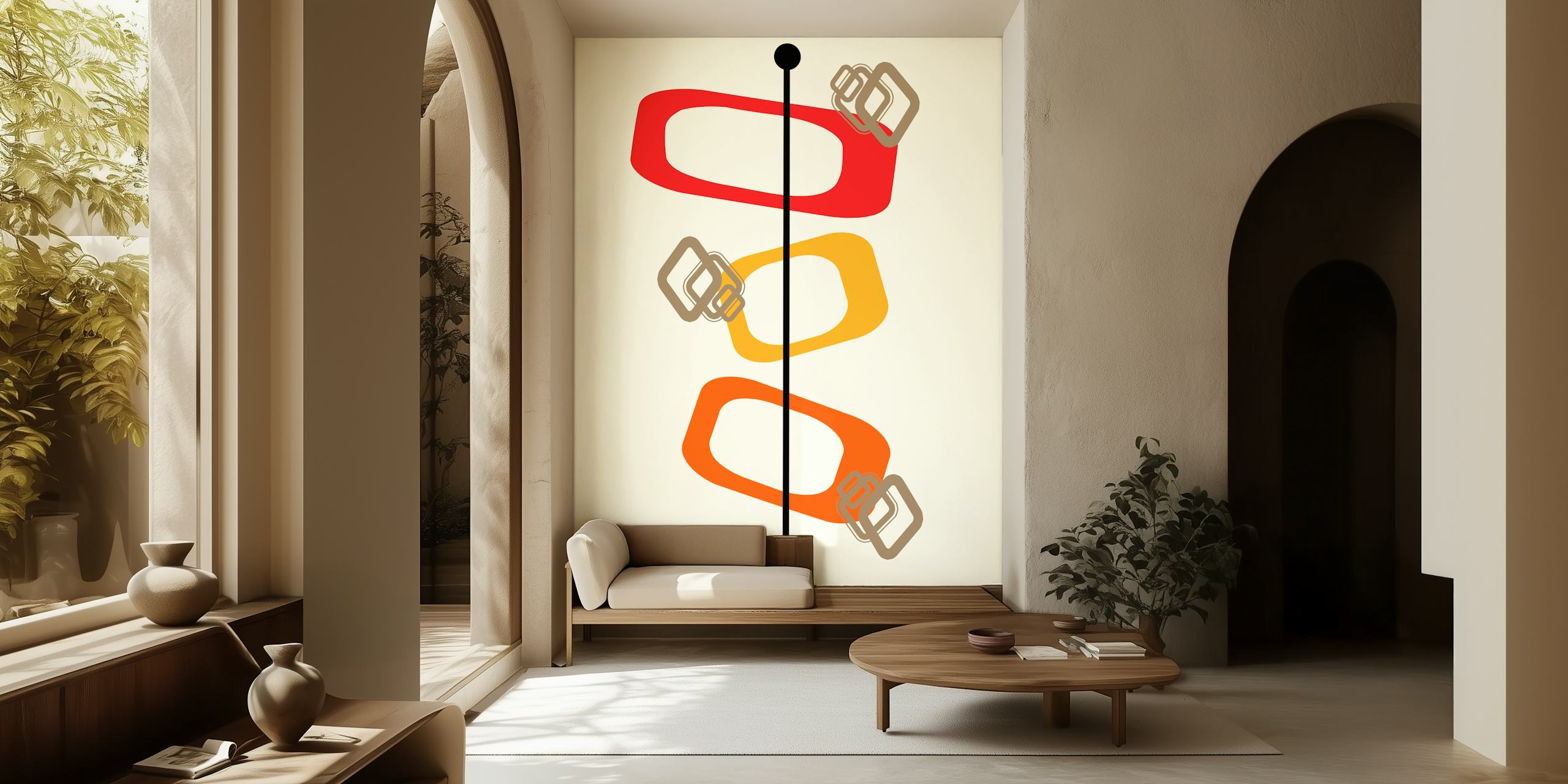Mural de pared moderno de mediados de siglo con formas abstractas en rojo, dorado y naranja