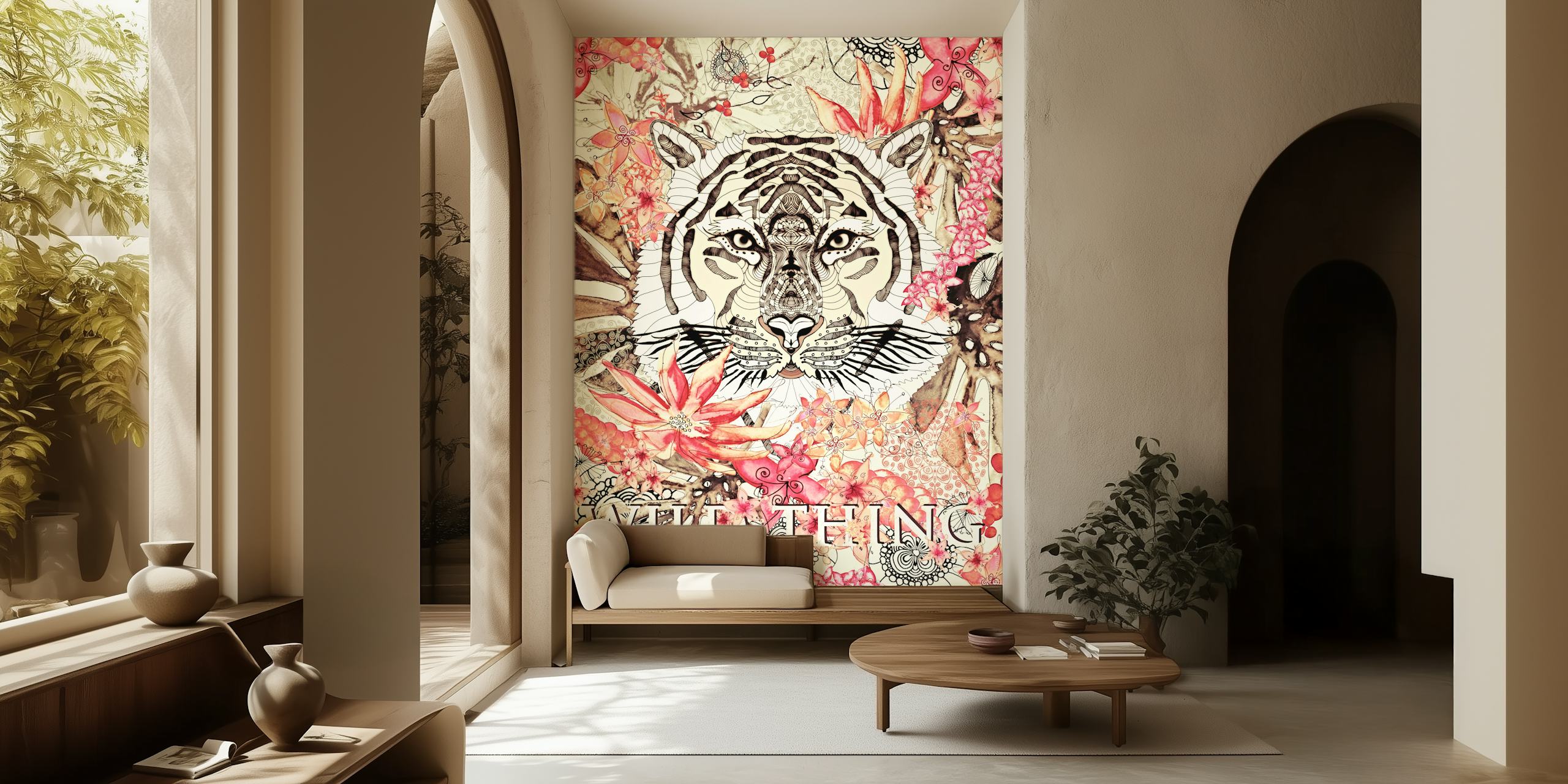 Tiger surrounded by pink flowers and intricate patterns wallpaper