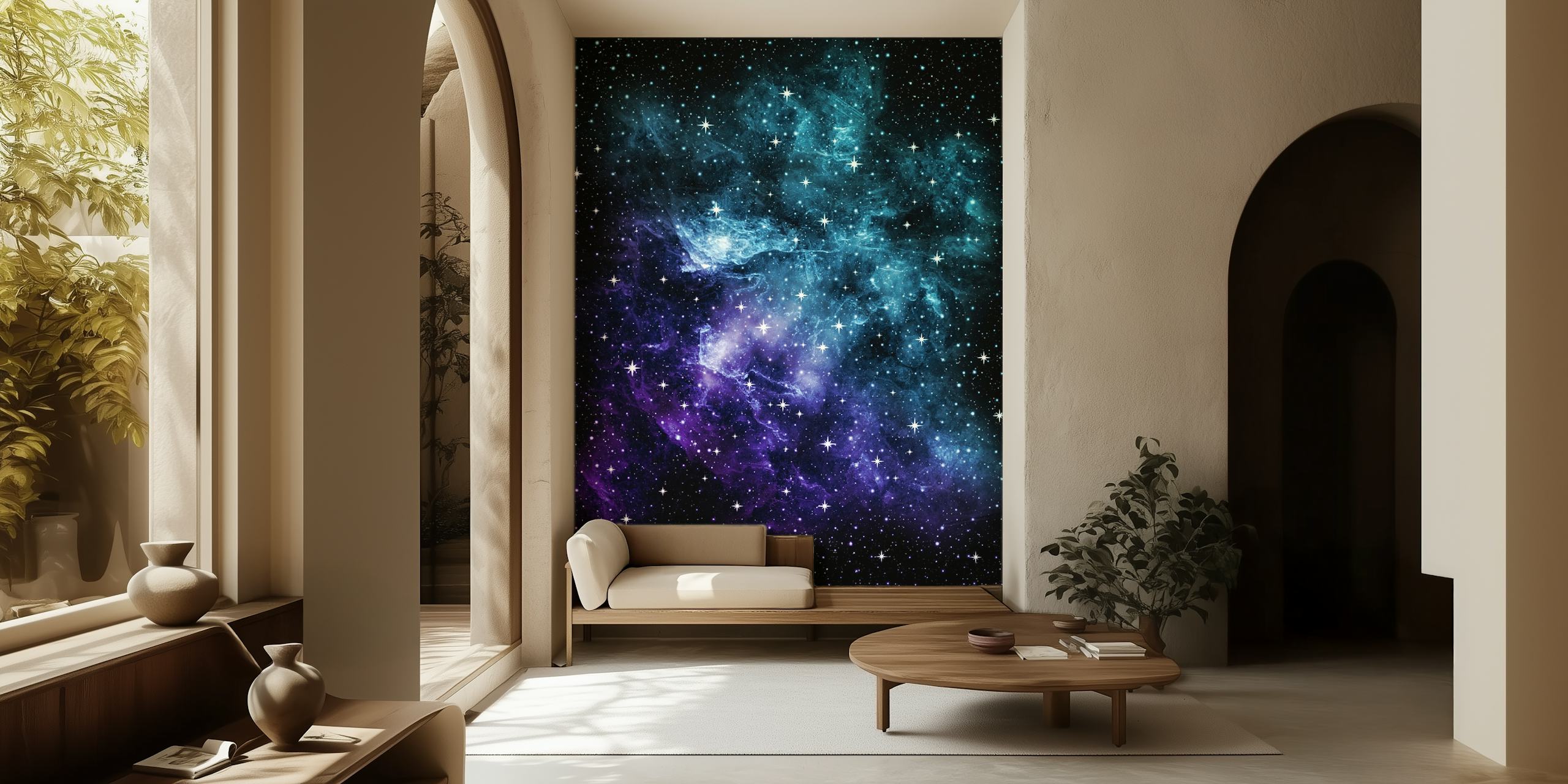 Teal purple galaxy nebula wallpaper in room
