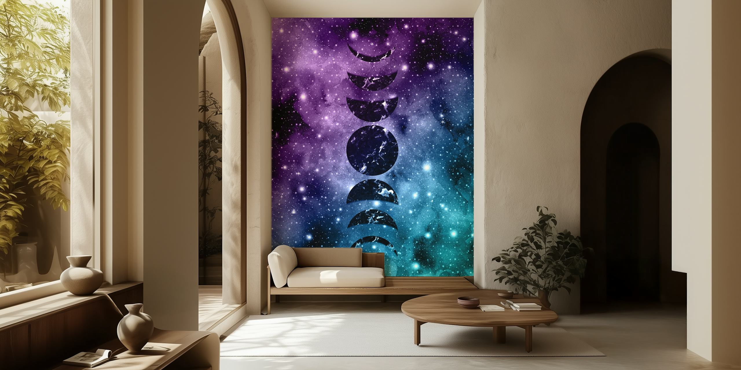 Purple and teal galaxy nebula wall mural with a cosmic design