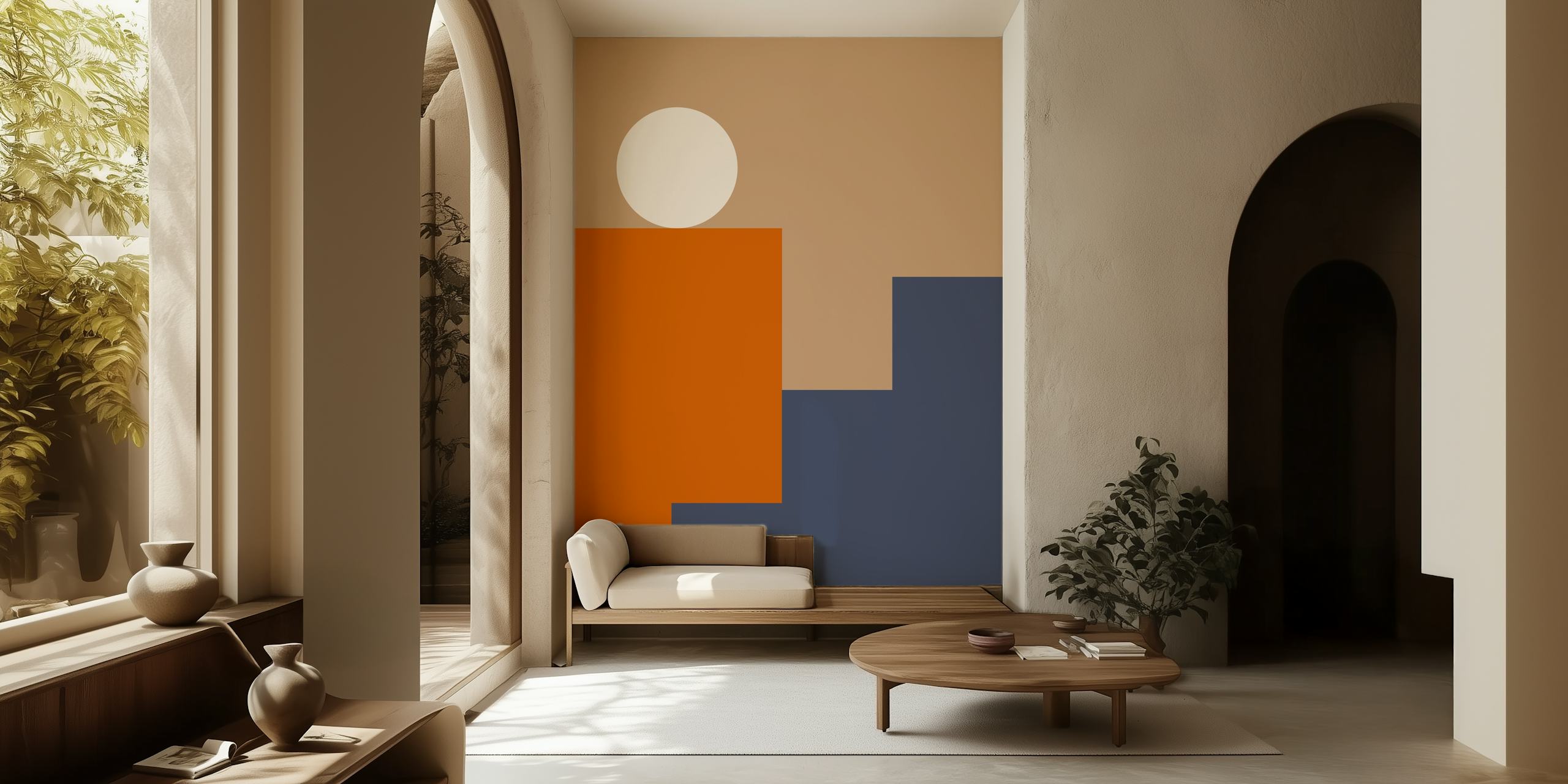 Suvremeni 08 zidni mural s geometrijskim oblicima u boji karamele, tamnoplave i terakote