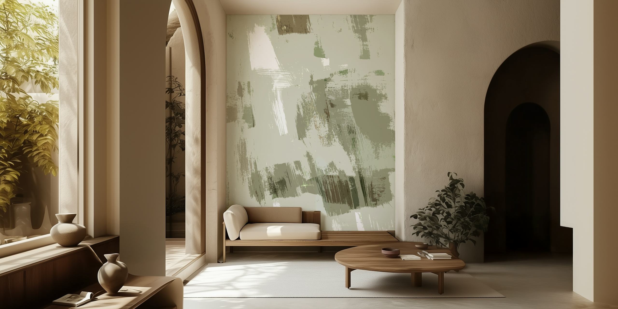 Abstract brush strokes in soft green and white colors wallpaper