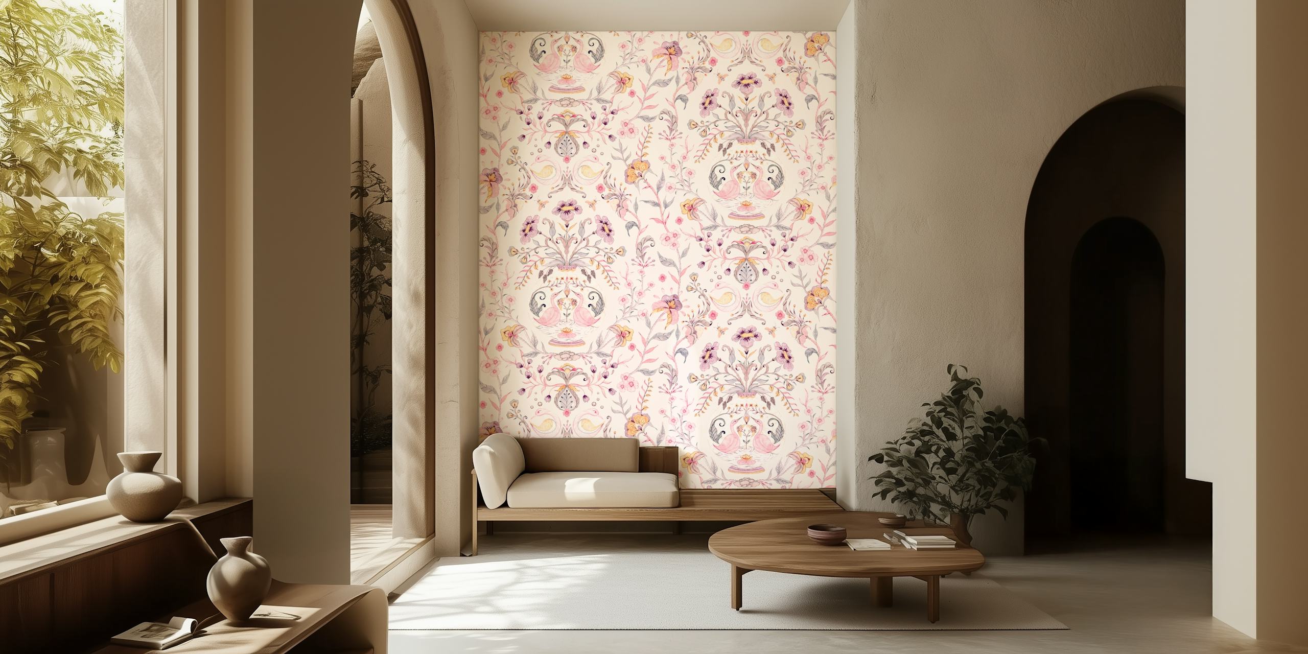 Floral pattern wallpaper in a styled room