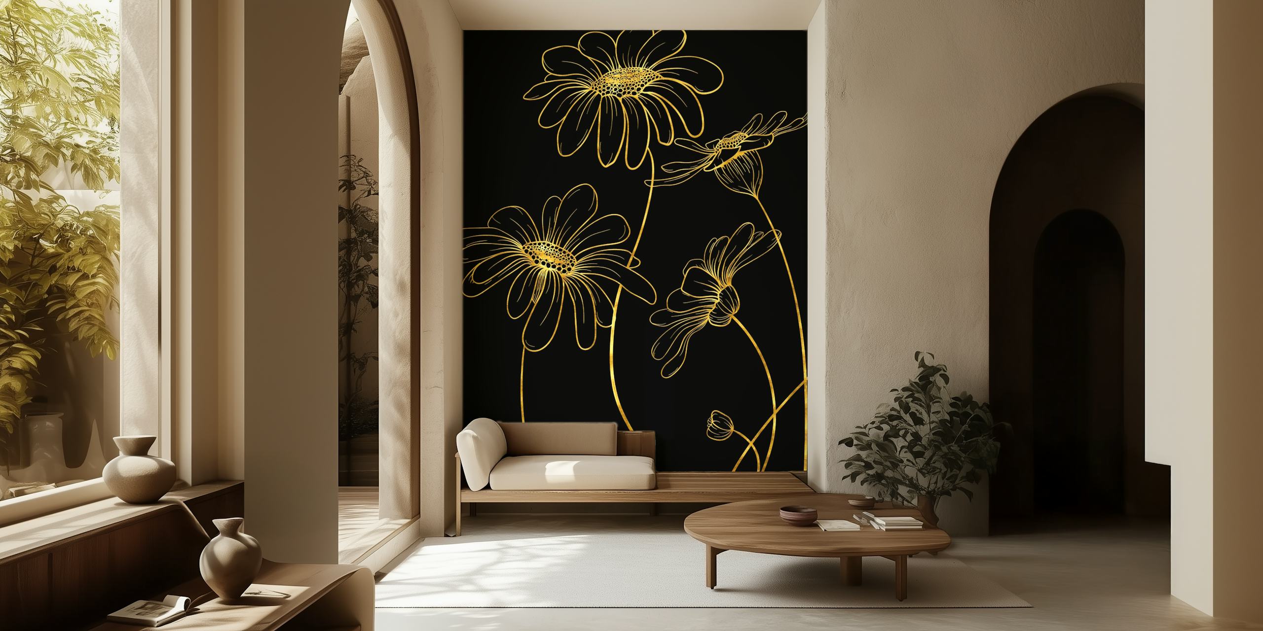 Gold daisies wallpaper in a room