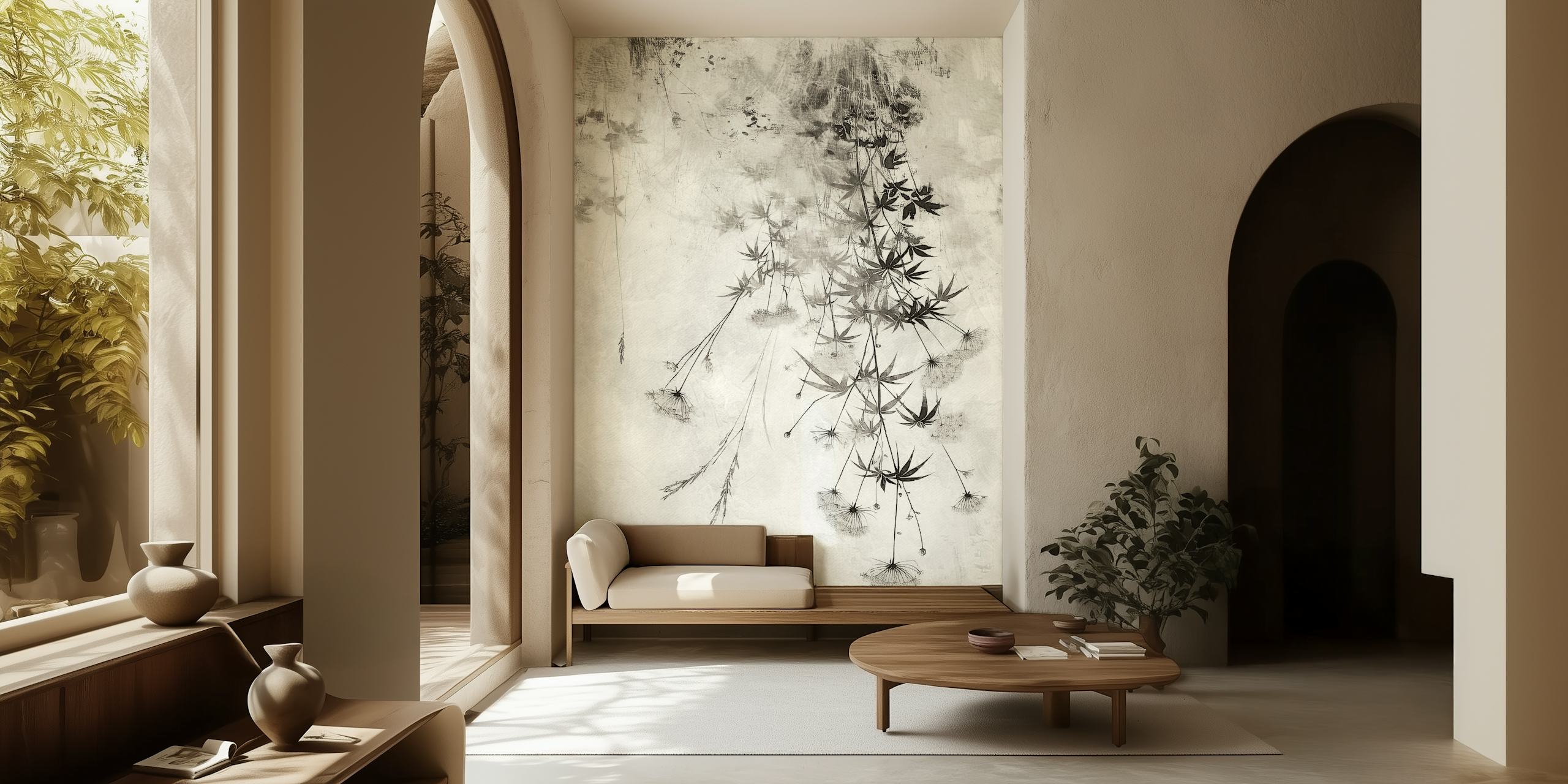 Black and white floral design with leaves and flowers wallpaper