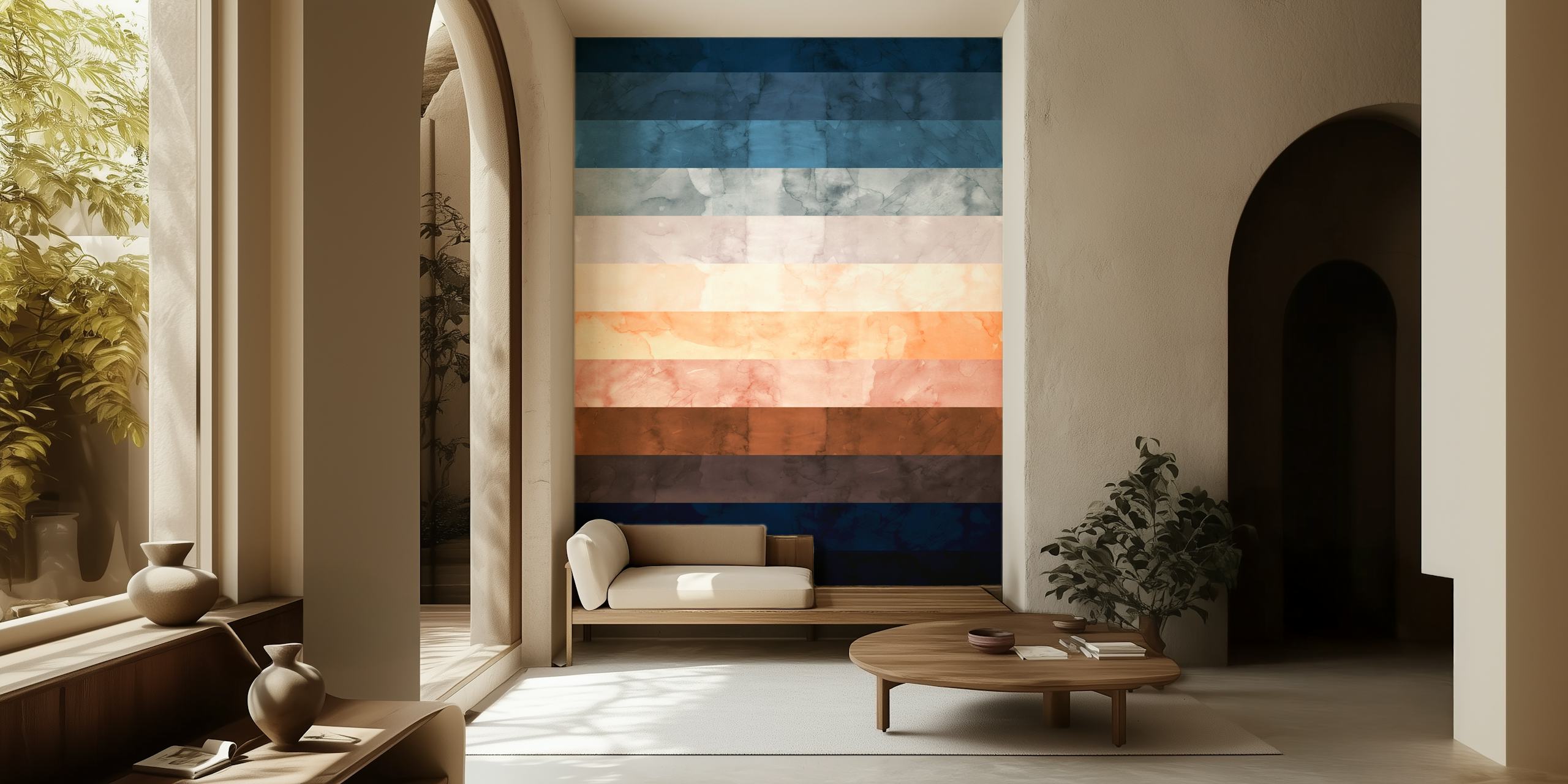 Abstract watercolor wallpaper with stripes in blue, peach, and brown hues.