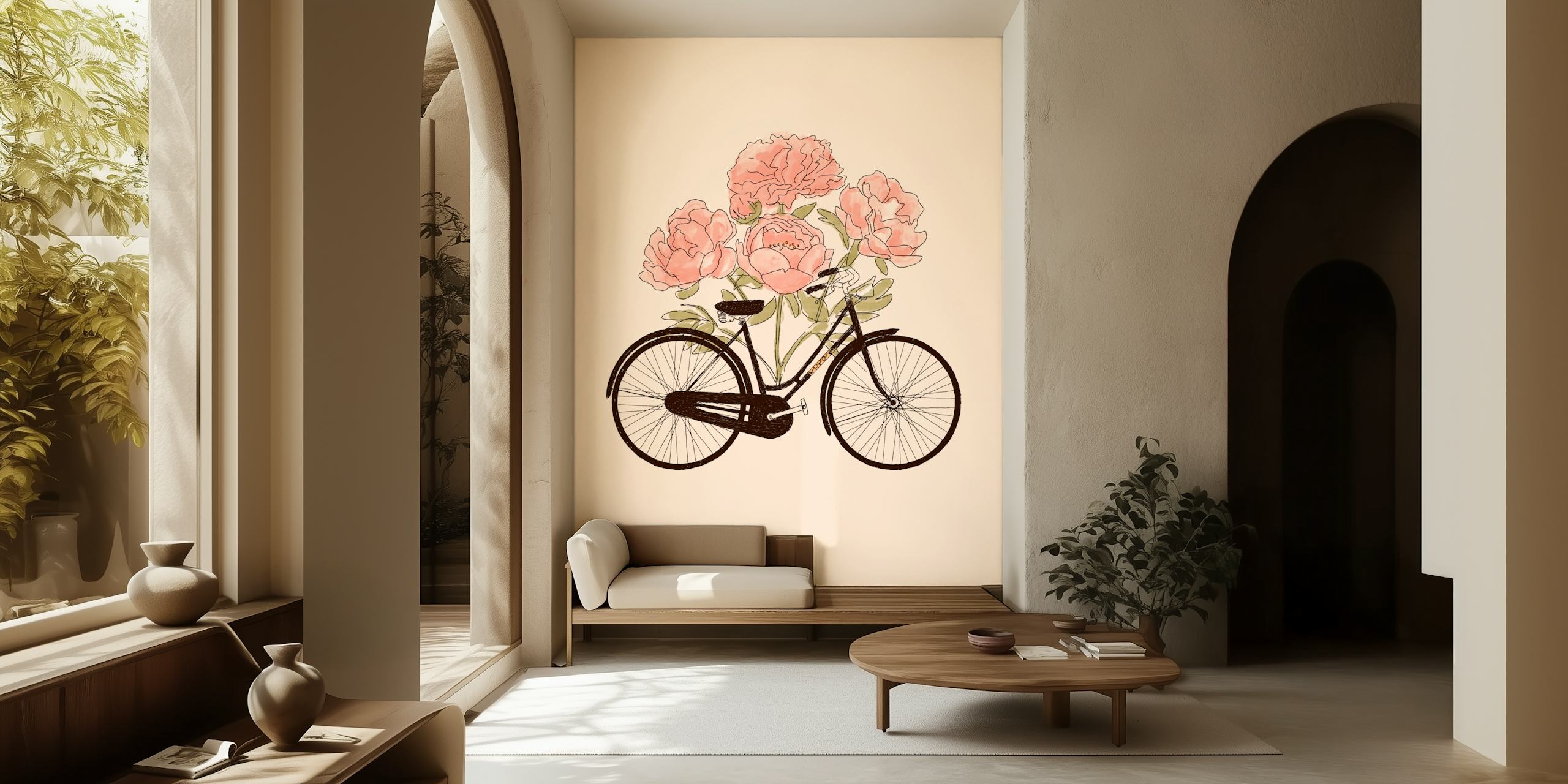 Vintage bike with pink peonies on a soft beige background wallpaper