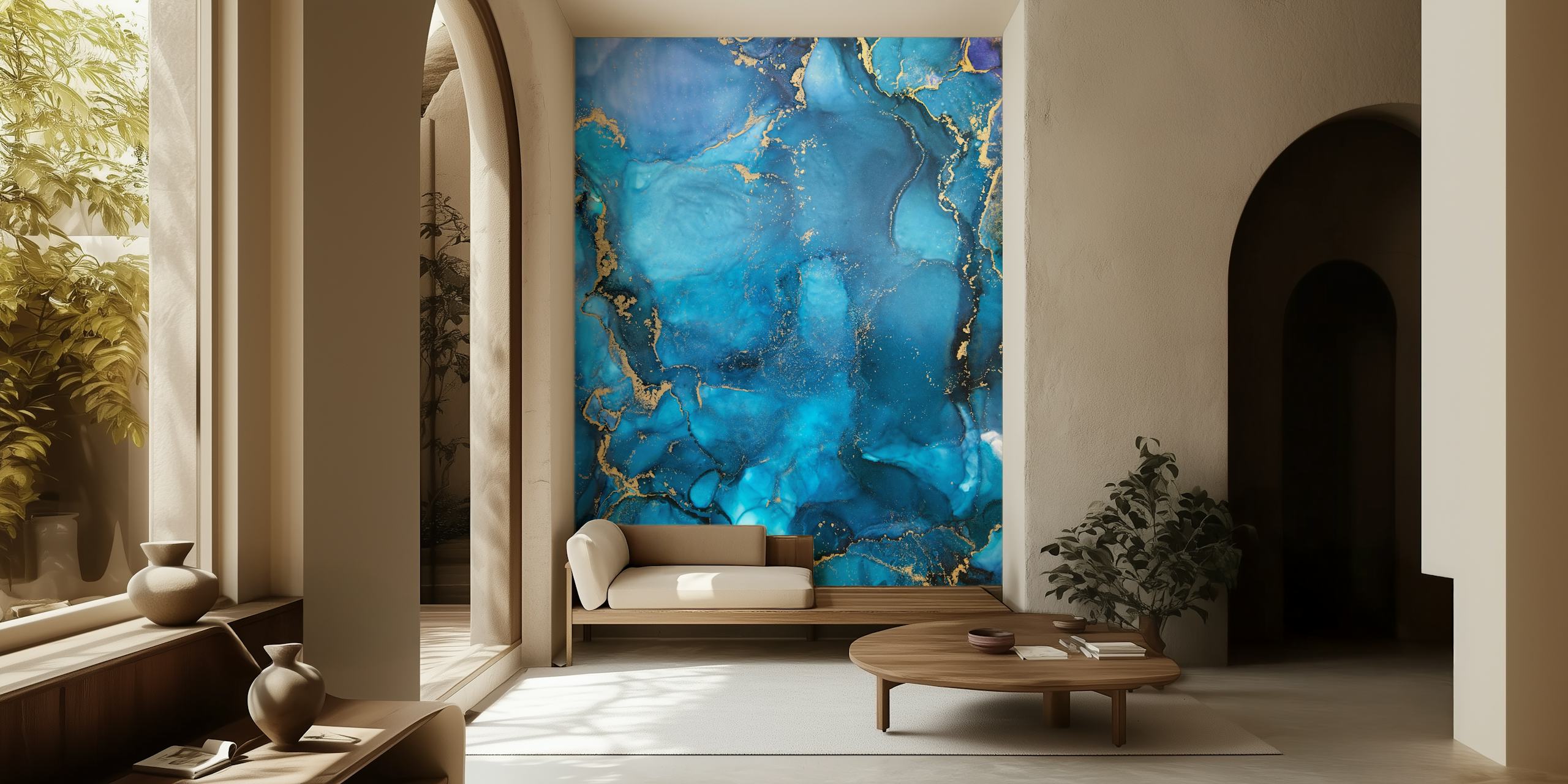 Blue abstract ink swirls with gold veins wallpaper