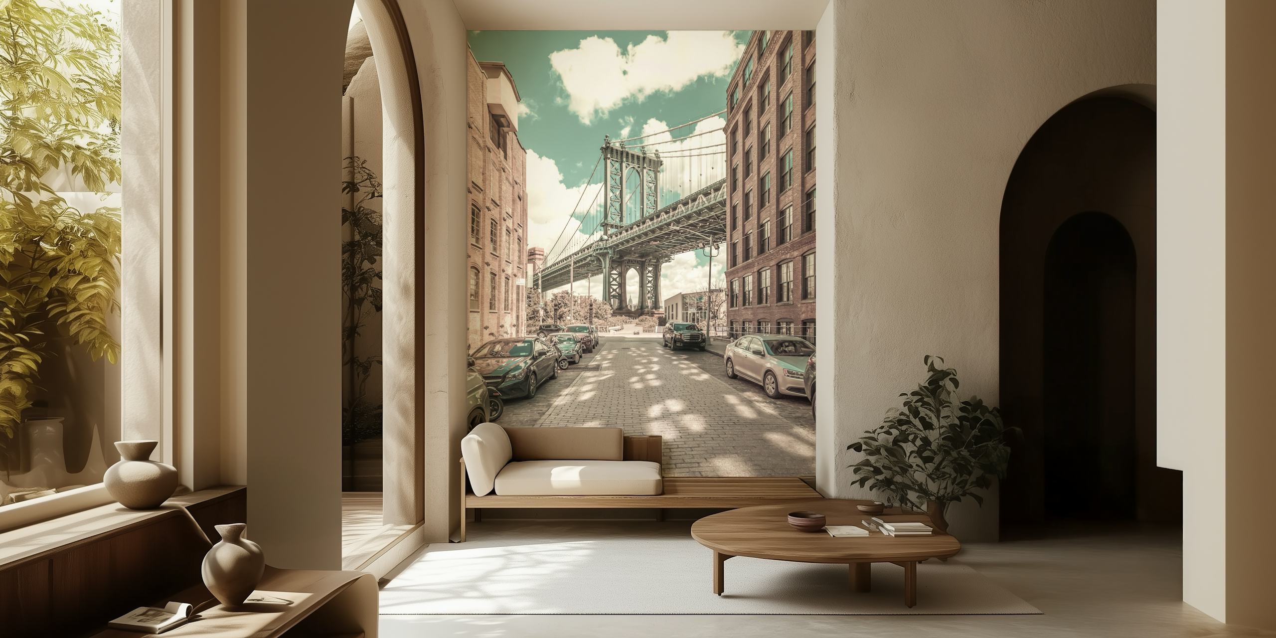Vintage NYC Manhattan Bridge in muted tones wallpaper