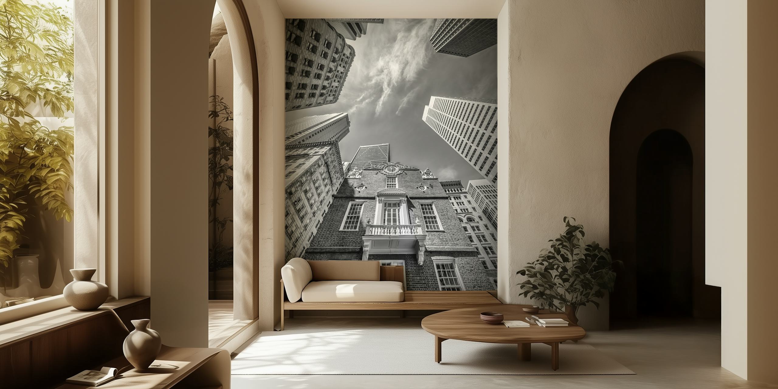 Boston Old State House Monochrome Carta Da Parati In Una Stanza