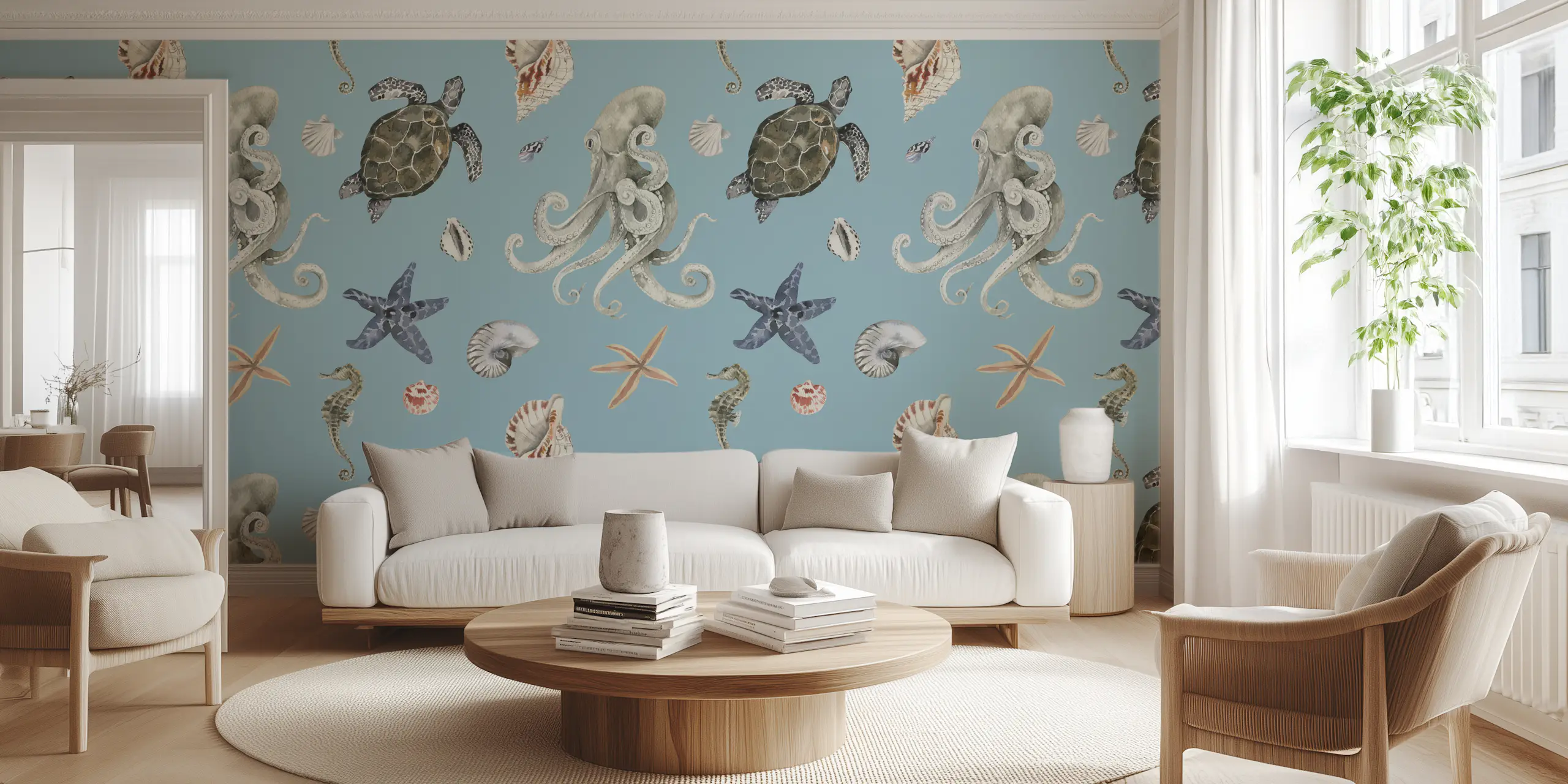 Sea Creatures & Shells Pattern Wallpaper