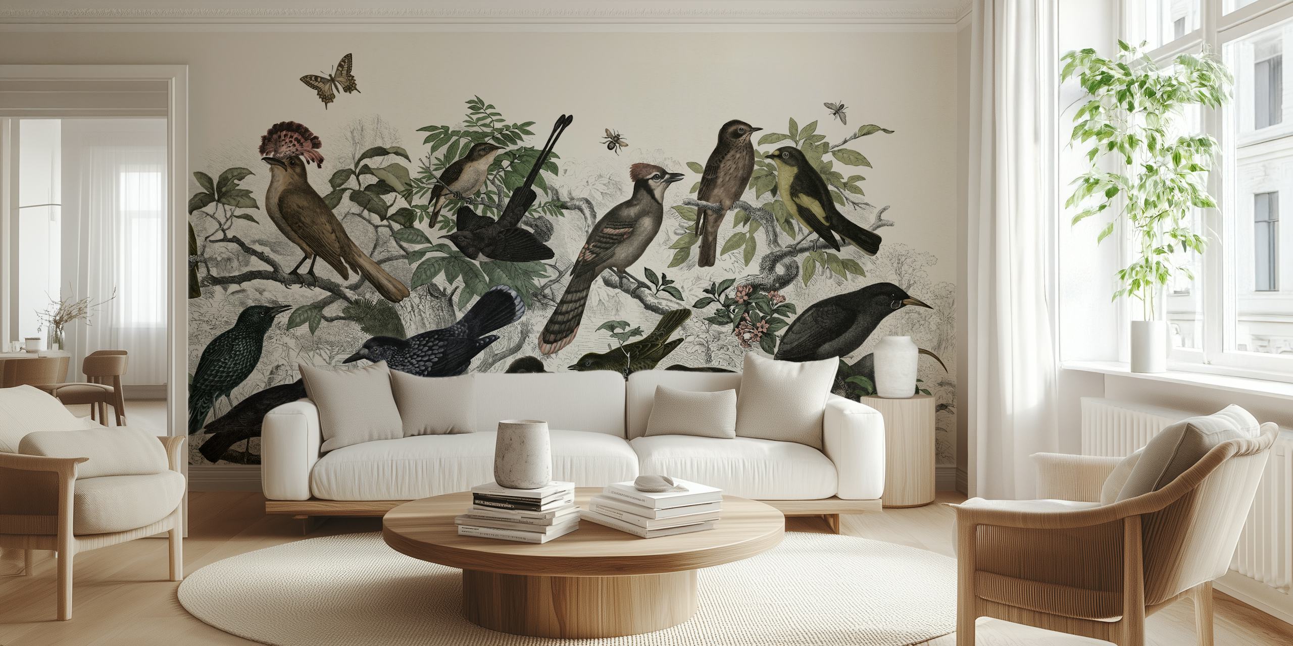 Colorful birds perched on branches surrounded by leaves wallpaper