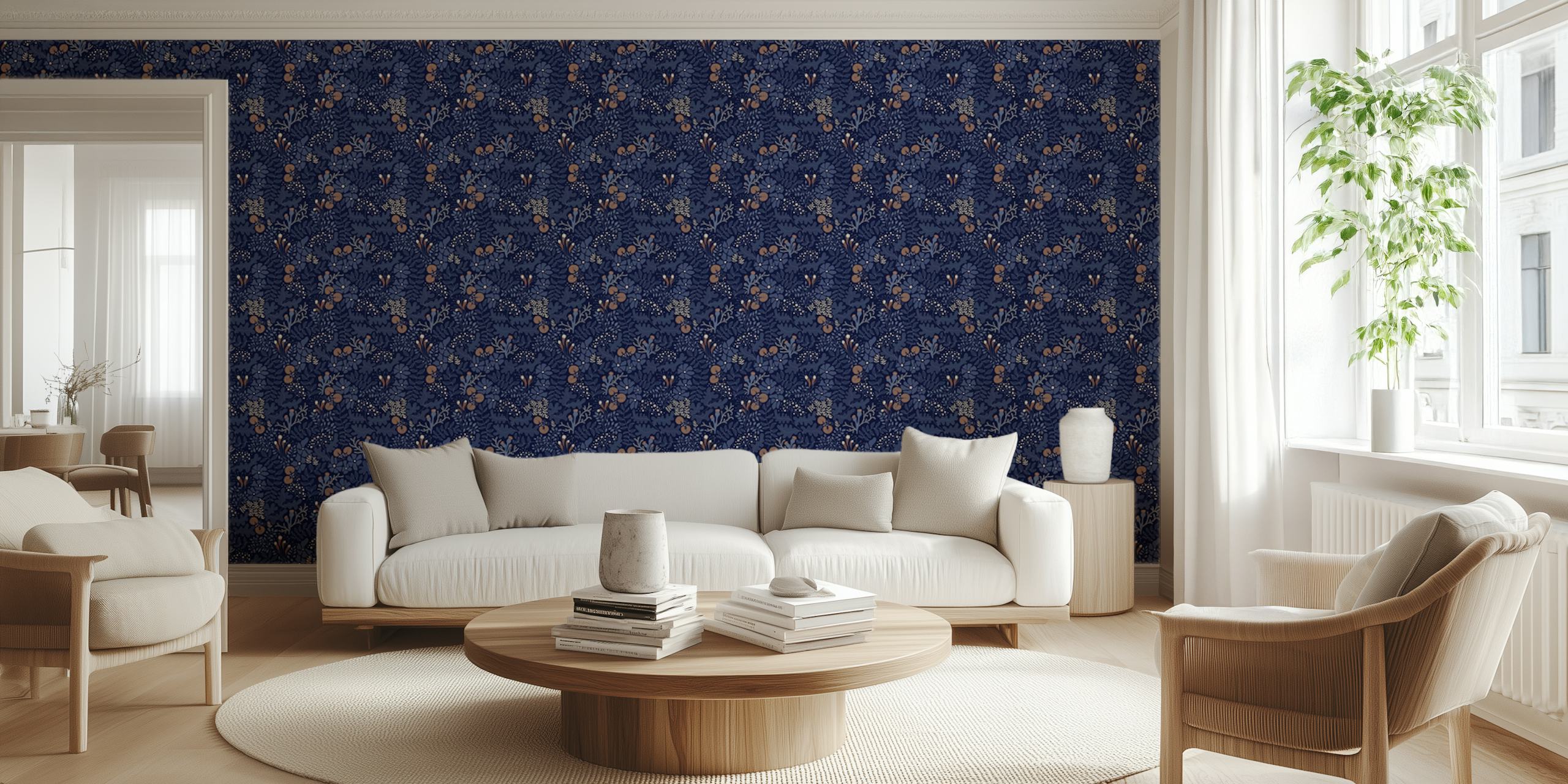 Floral patterns in dark blue with gold and beige accents wallpaper