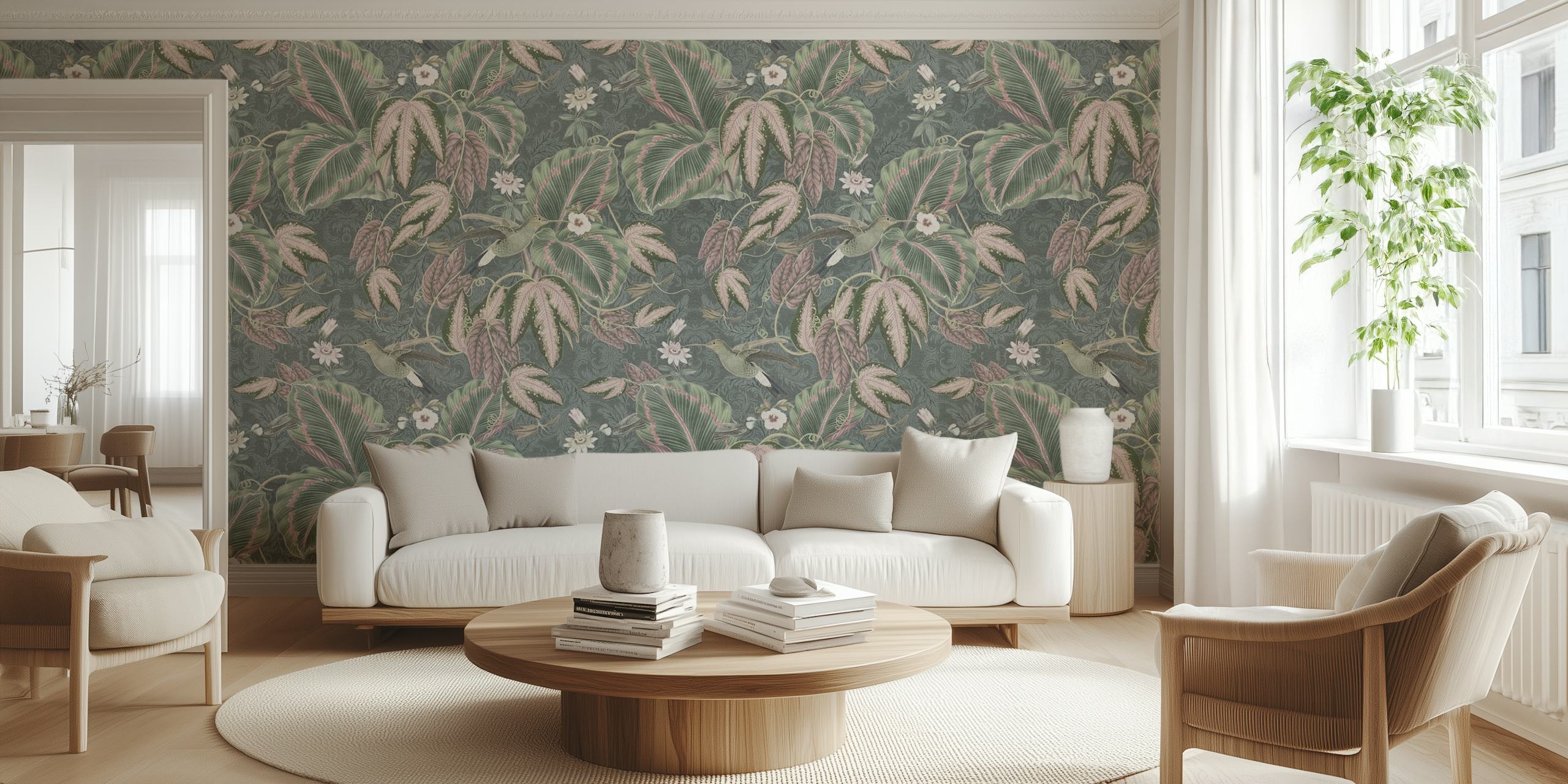 Mural de pared de estilo vintage que representa aves del paraíso y follaje en sutiles tonos pastel