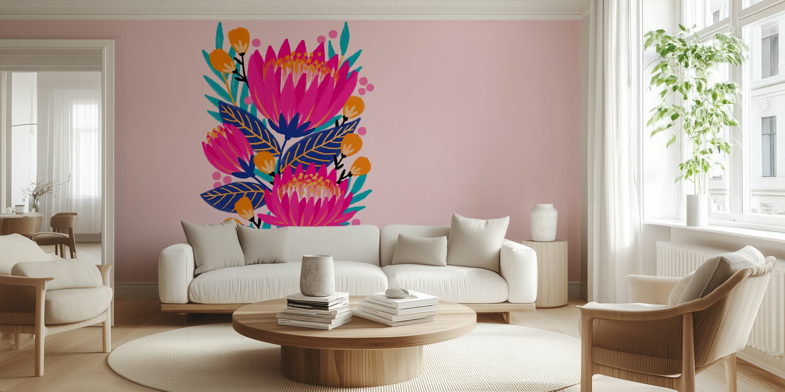 Colorful pink proteas flowers with green leaves wallpaper
