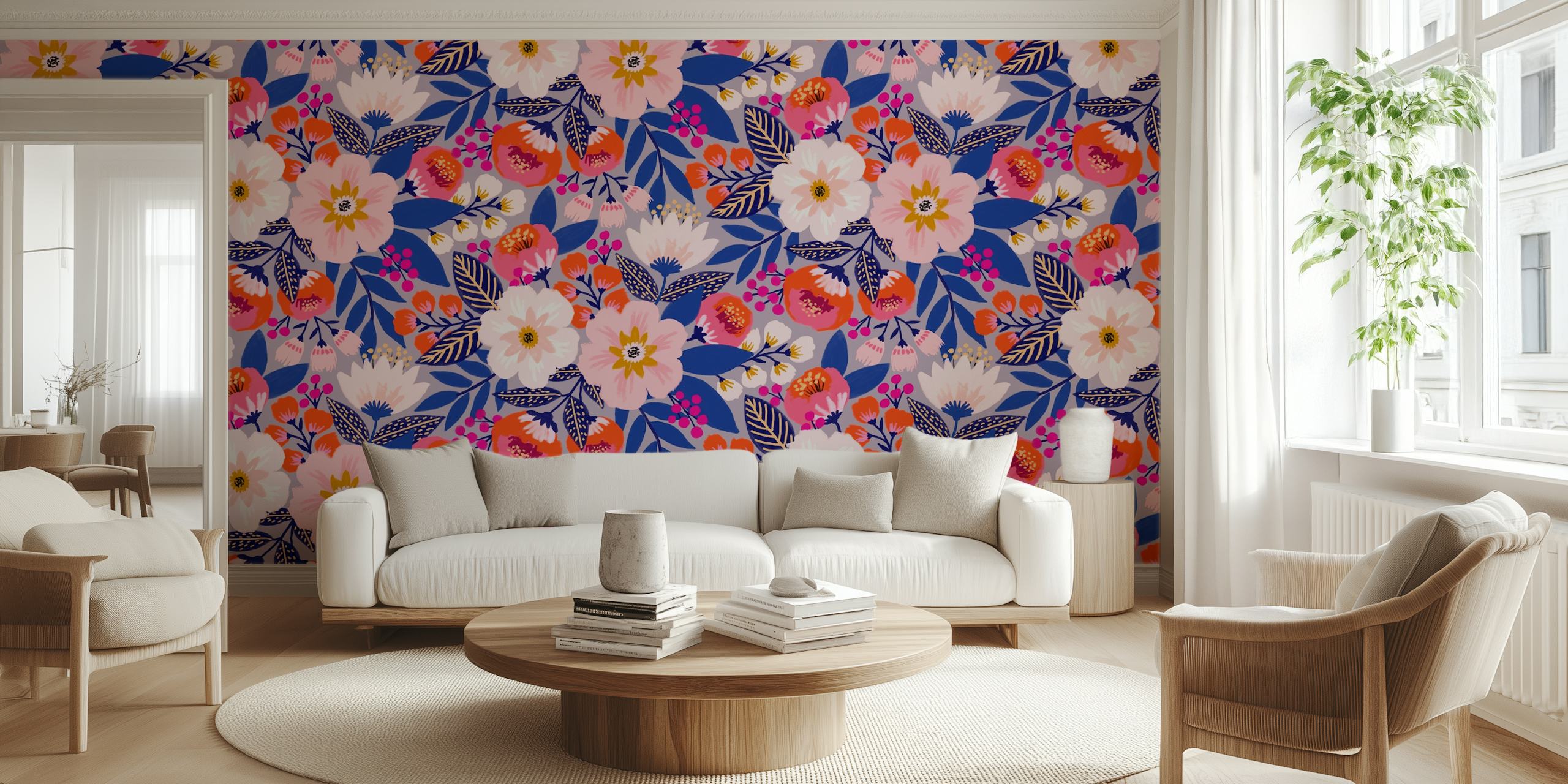 Navy achtergrond met bloemen in roze en oranje, bloemmotieven wallpaper