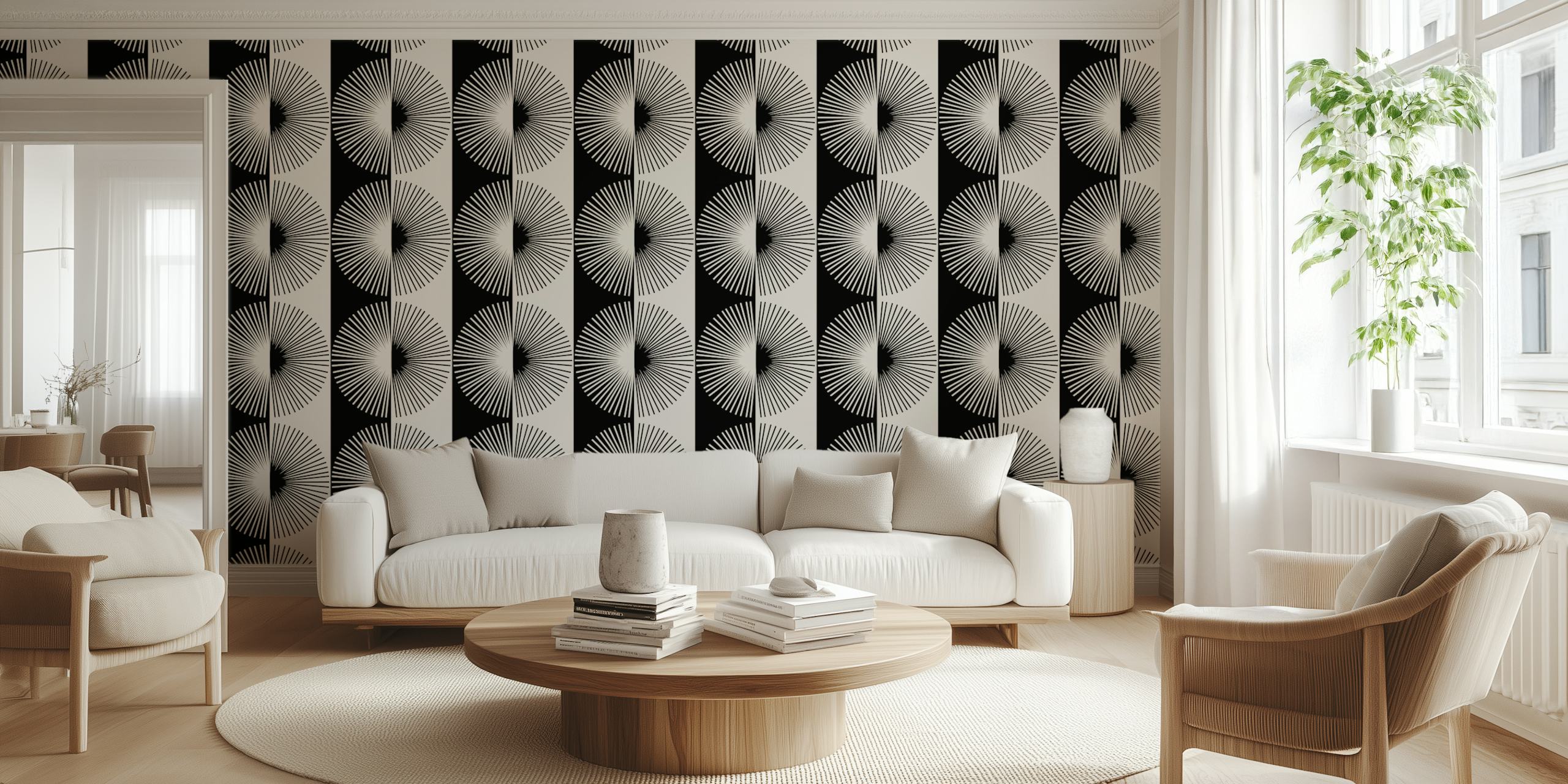 Black and white geometric pattern wallpaper with circular designs