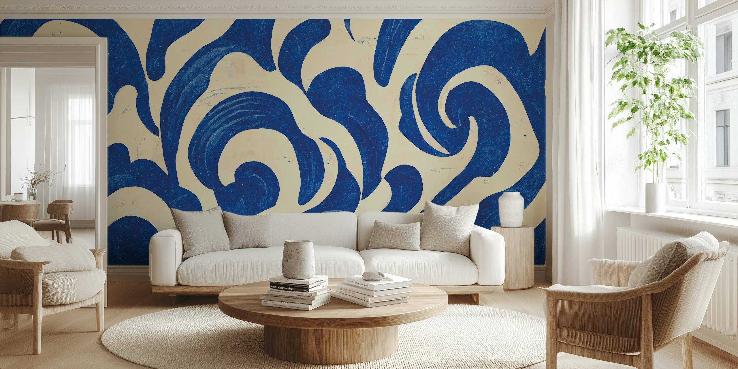 Abstract blue waves on cream background wallpaper