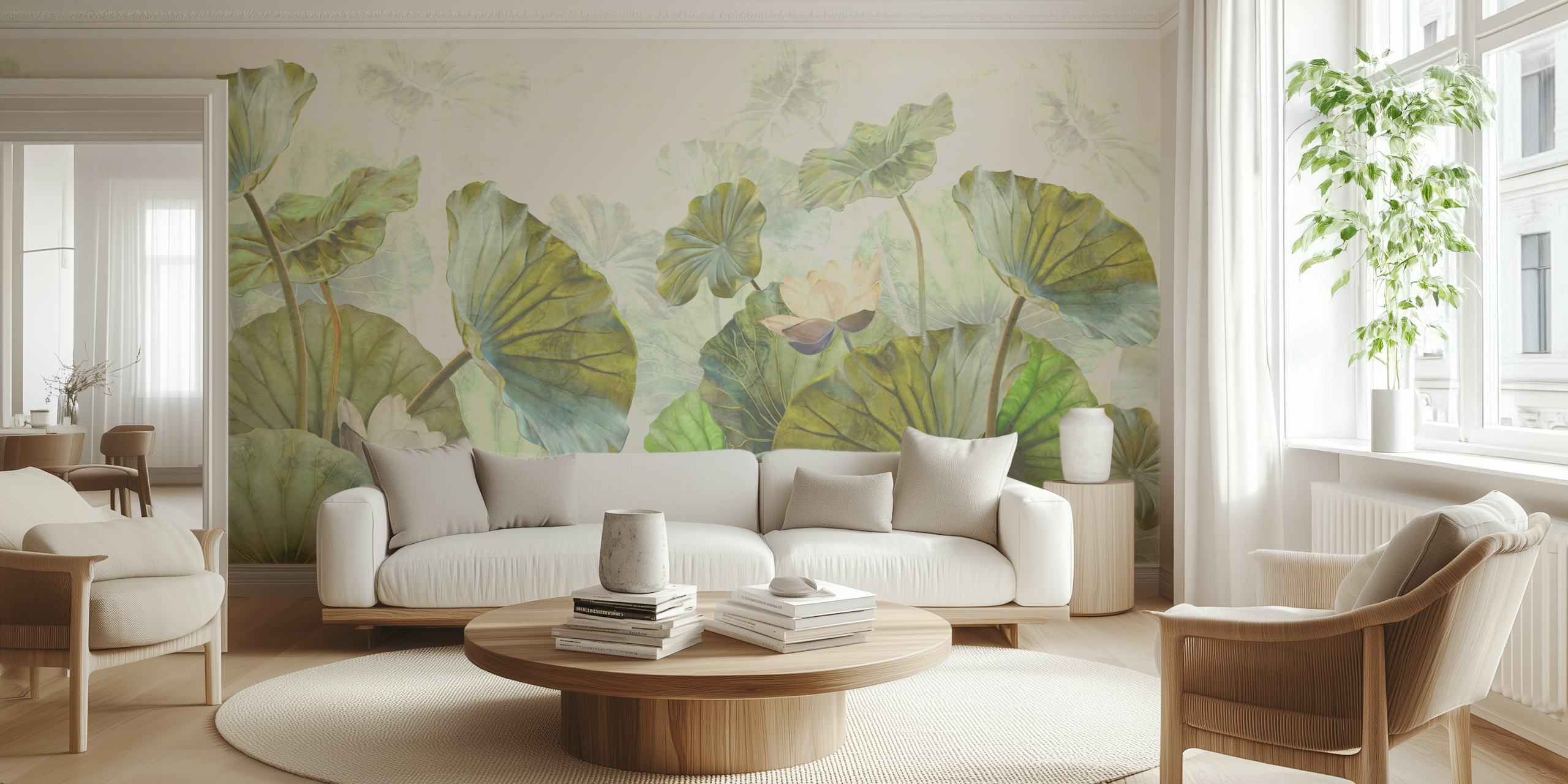 Lotus leaves and flowers in green hues, floral wallpaper