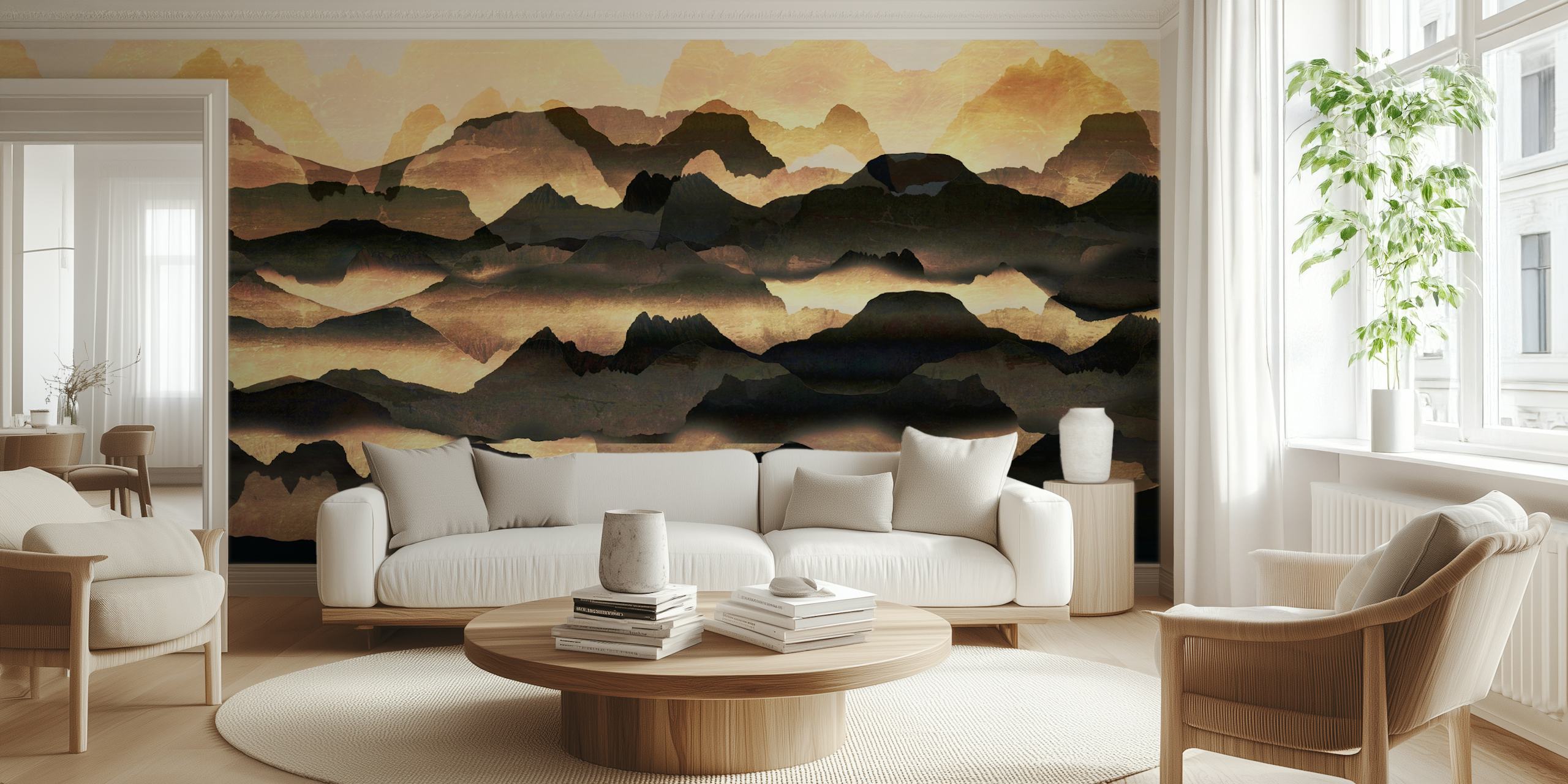 Golden mountain landscape wallpaper featuring layered black and gold mountains.