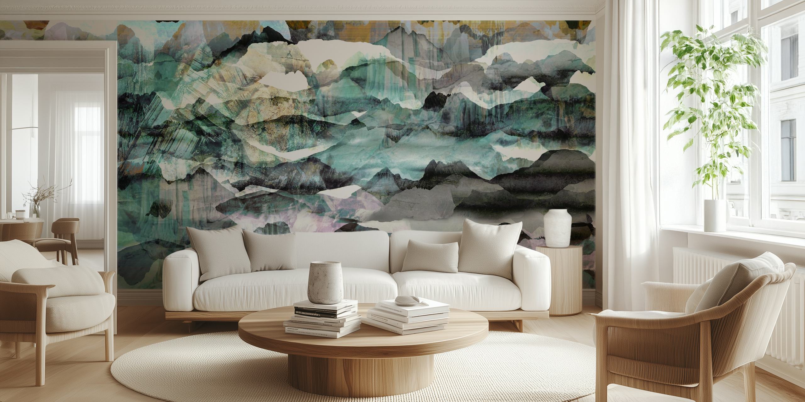Foggy mountains wallpaper in a room