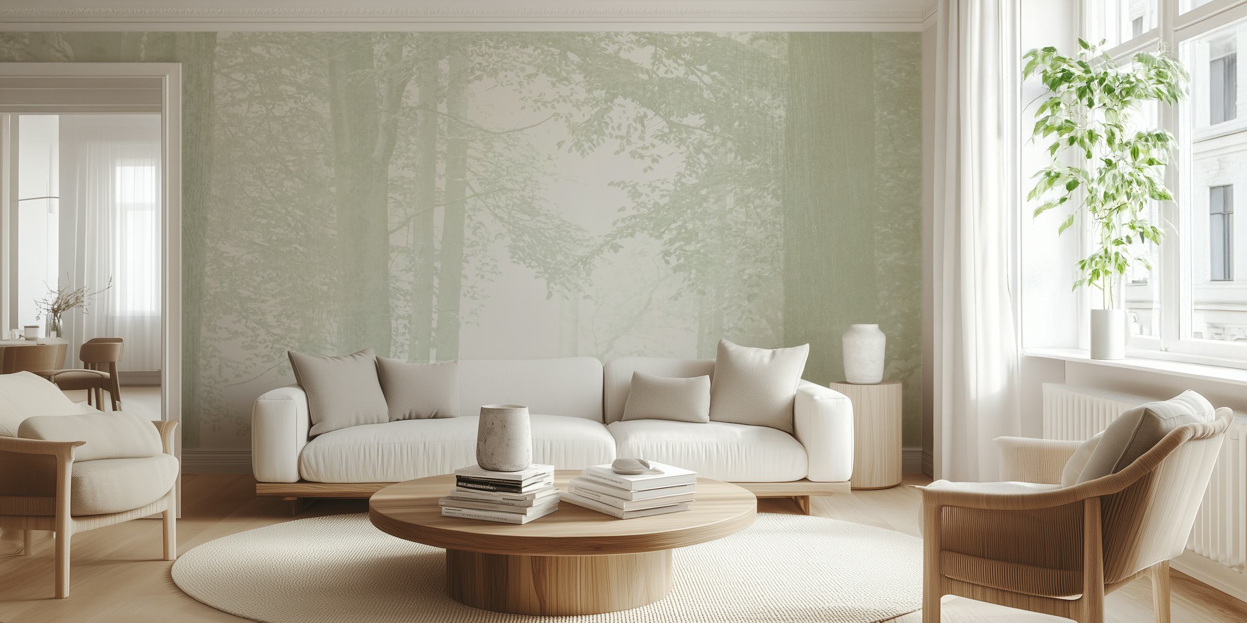Ethereal trees in soft gray tones with misty background wallpaper.