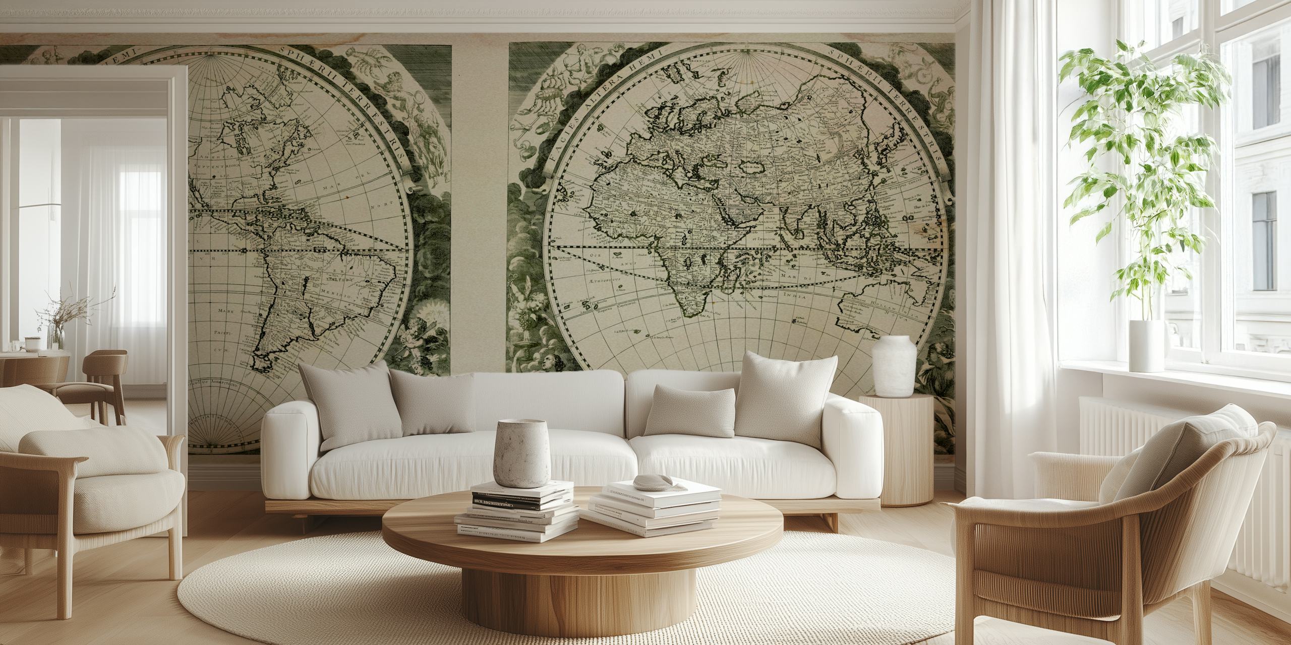 Vintage world map design in black and white with ornate details wallpaper