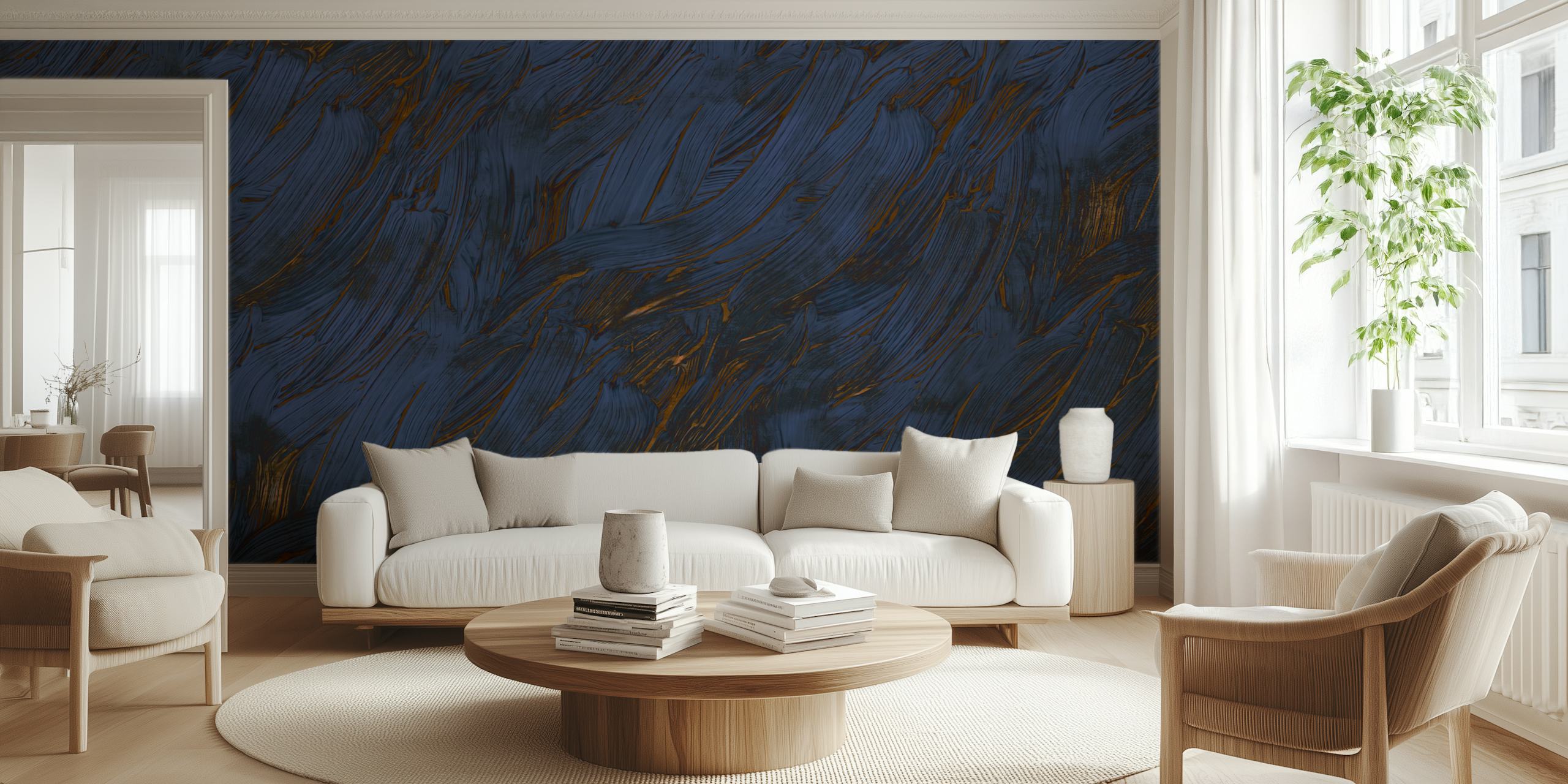 Wavy navy blue and gold streaks abstract wallpaper