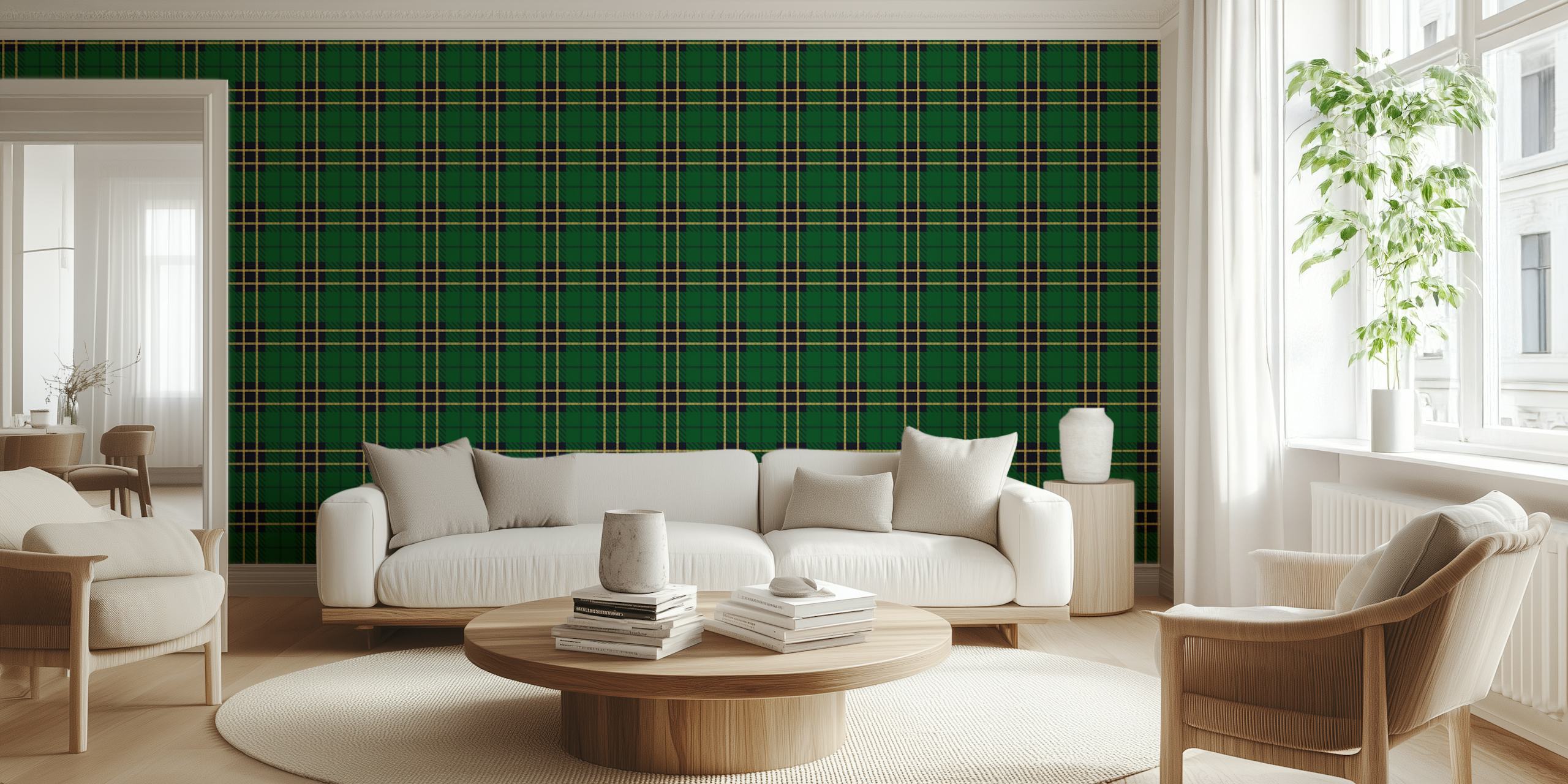 Carta da parati Green Plaid Classic in una stanza interna
