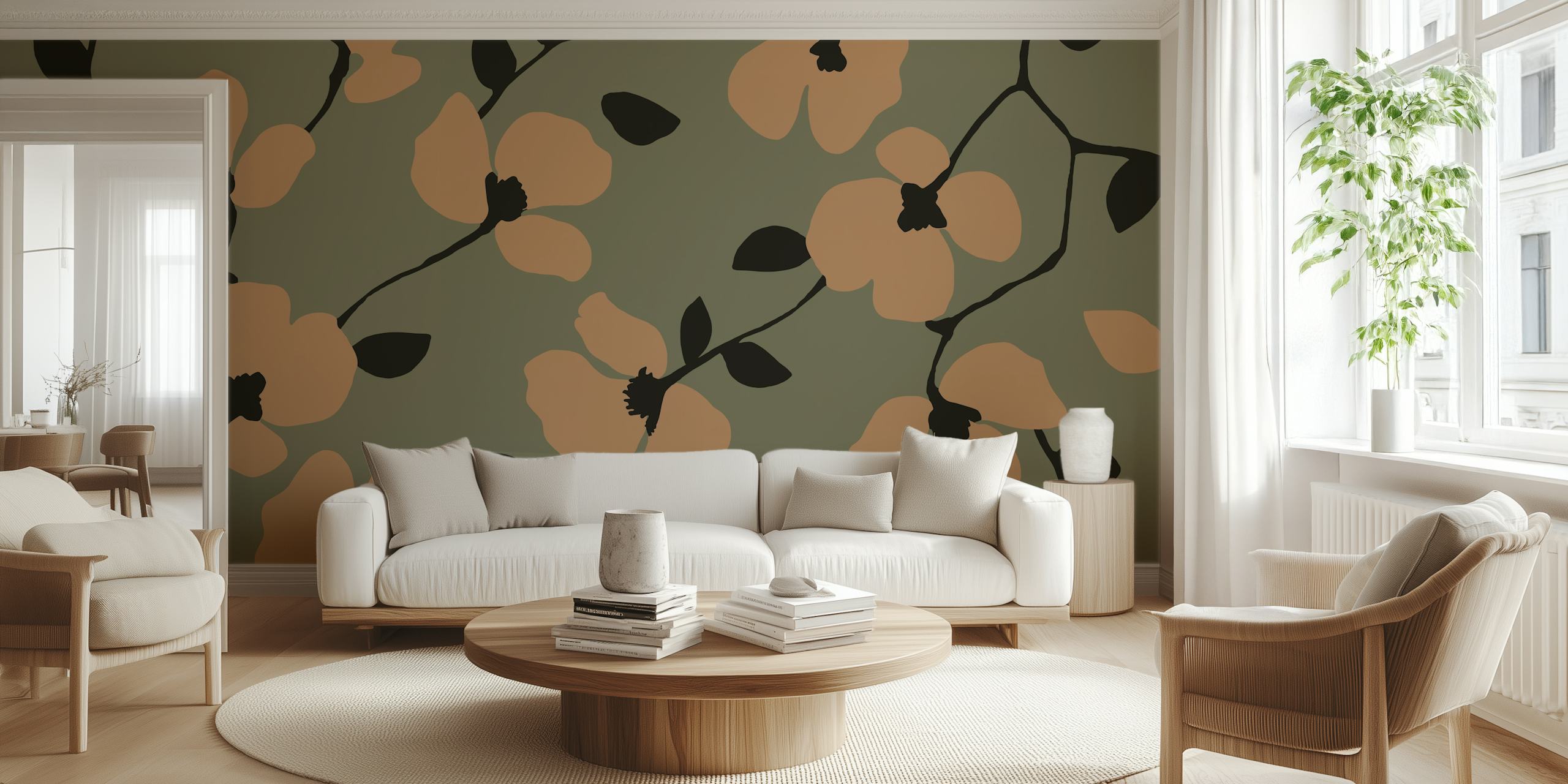 Peach floral pattern on green background wall mural
