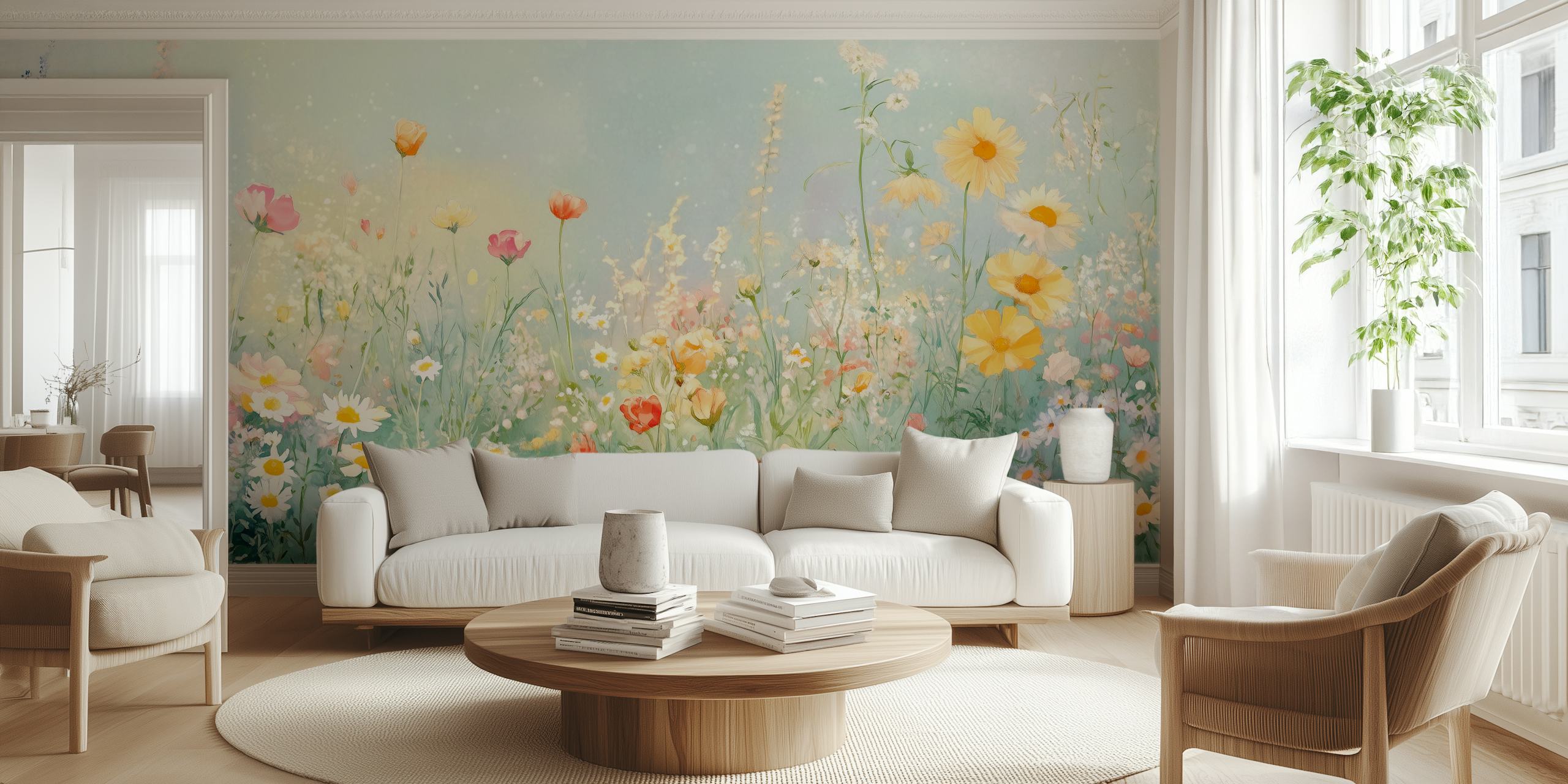 Colorful flowers in a blooming meadow; watercolor wallpaper