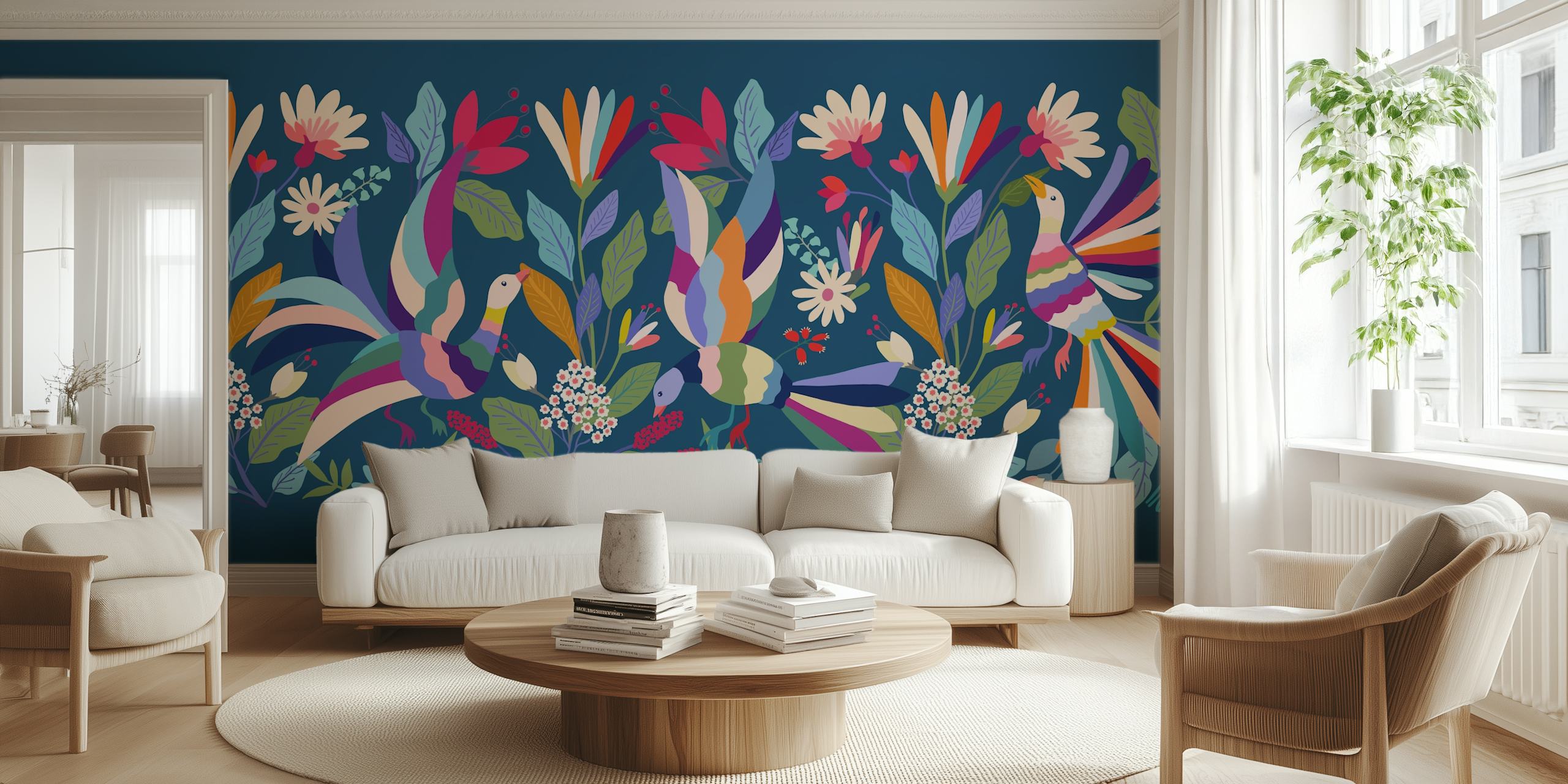 Papel pintado Otomi Garden con aves y flores coloridas