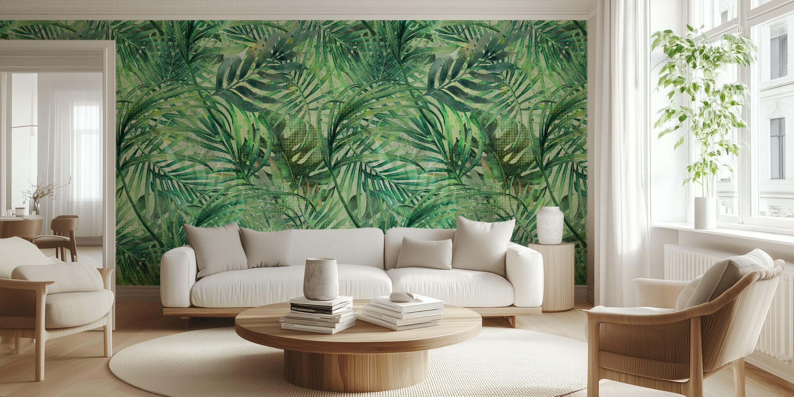 Green tropical palm leaves wall mural wallpaper with textured pattern.