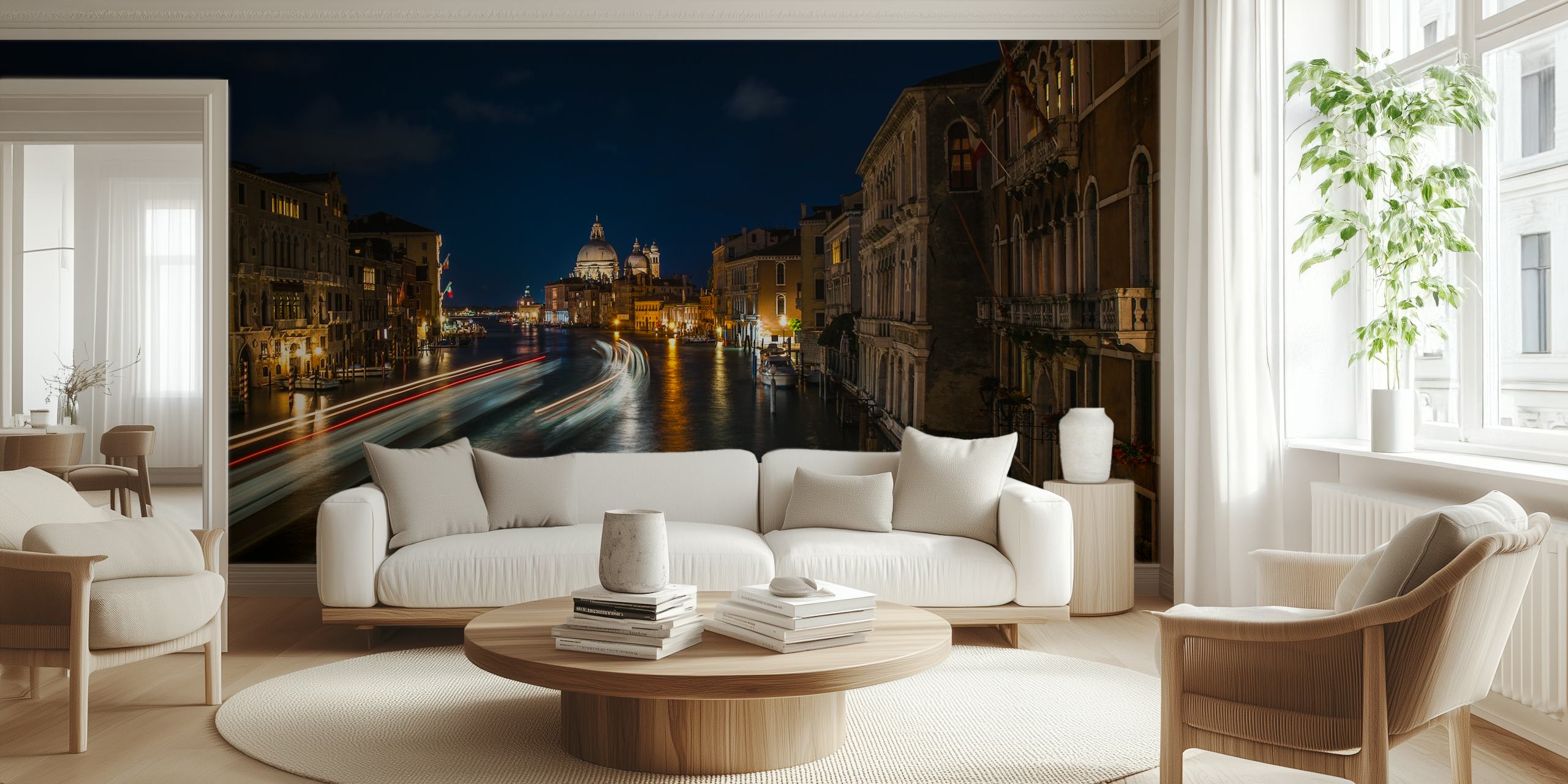 Venice canal at night with illuminated buildings and reflections wallpaper