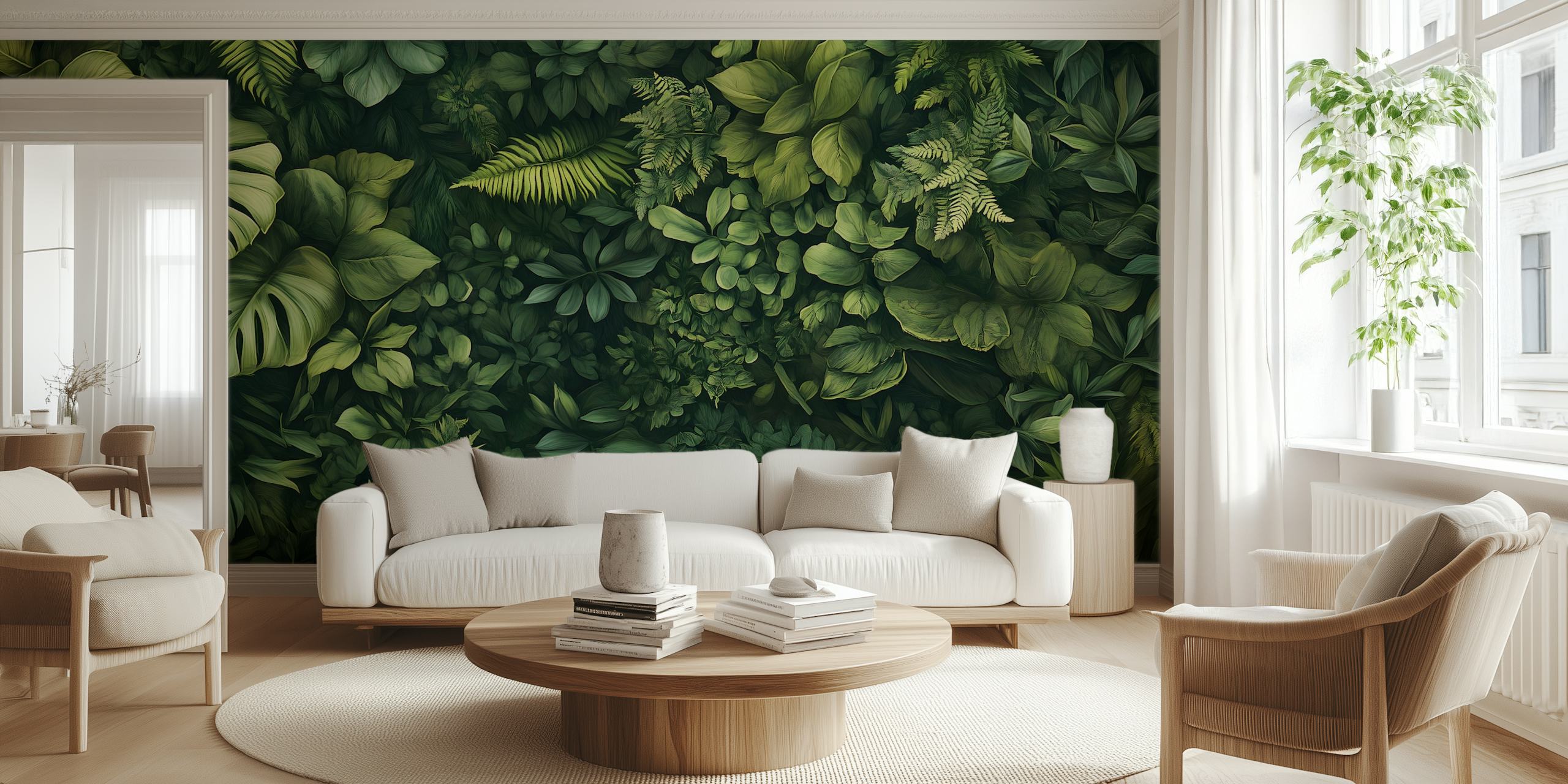 Tropical green leaves wallpaper with various plant shapes