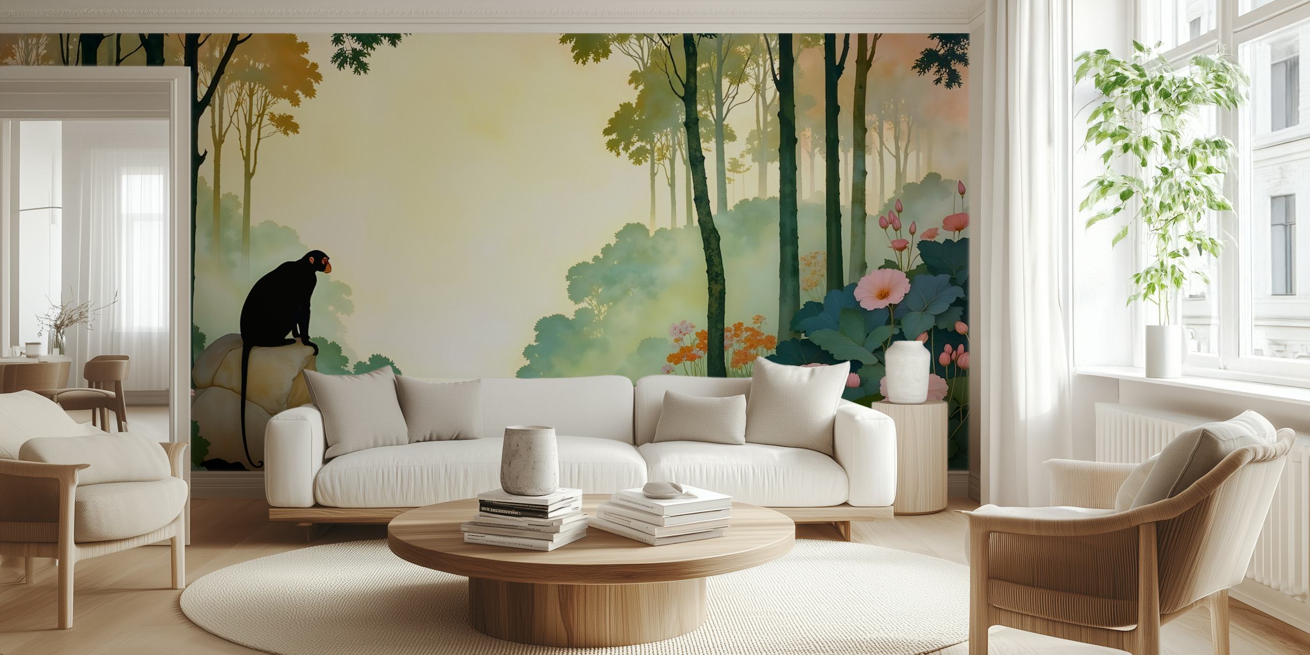 Tropical forest wallpaper with a monkey, pastel flowers, and tall trees