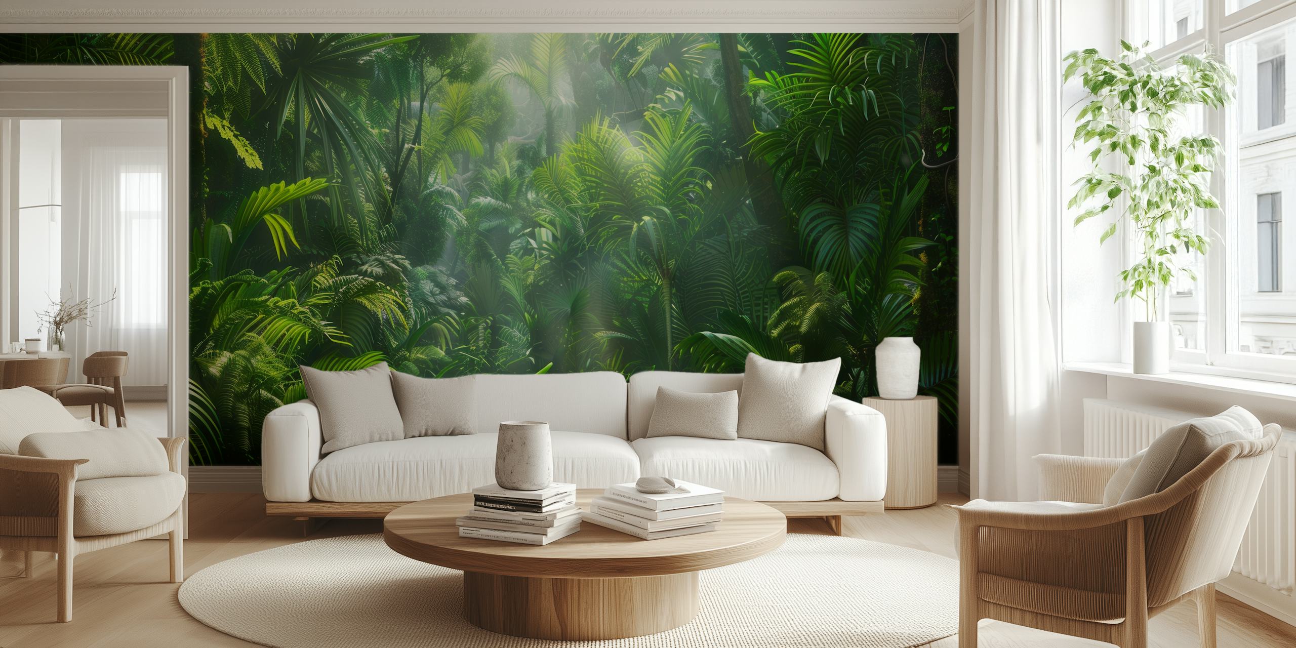Lush green tropical jungle foliage wallpaper