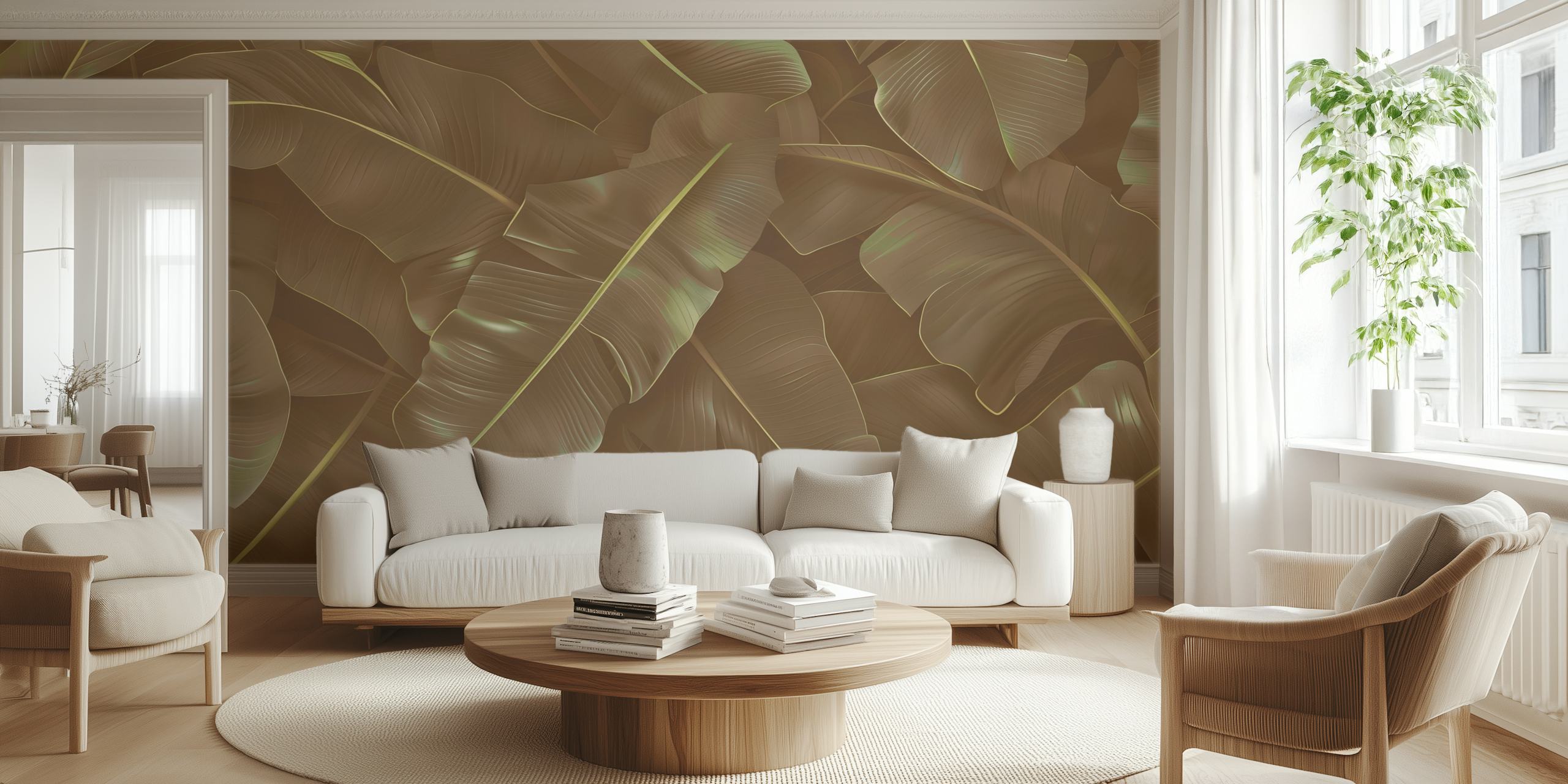 Gold tropical leaves on a textured background wallpaper