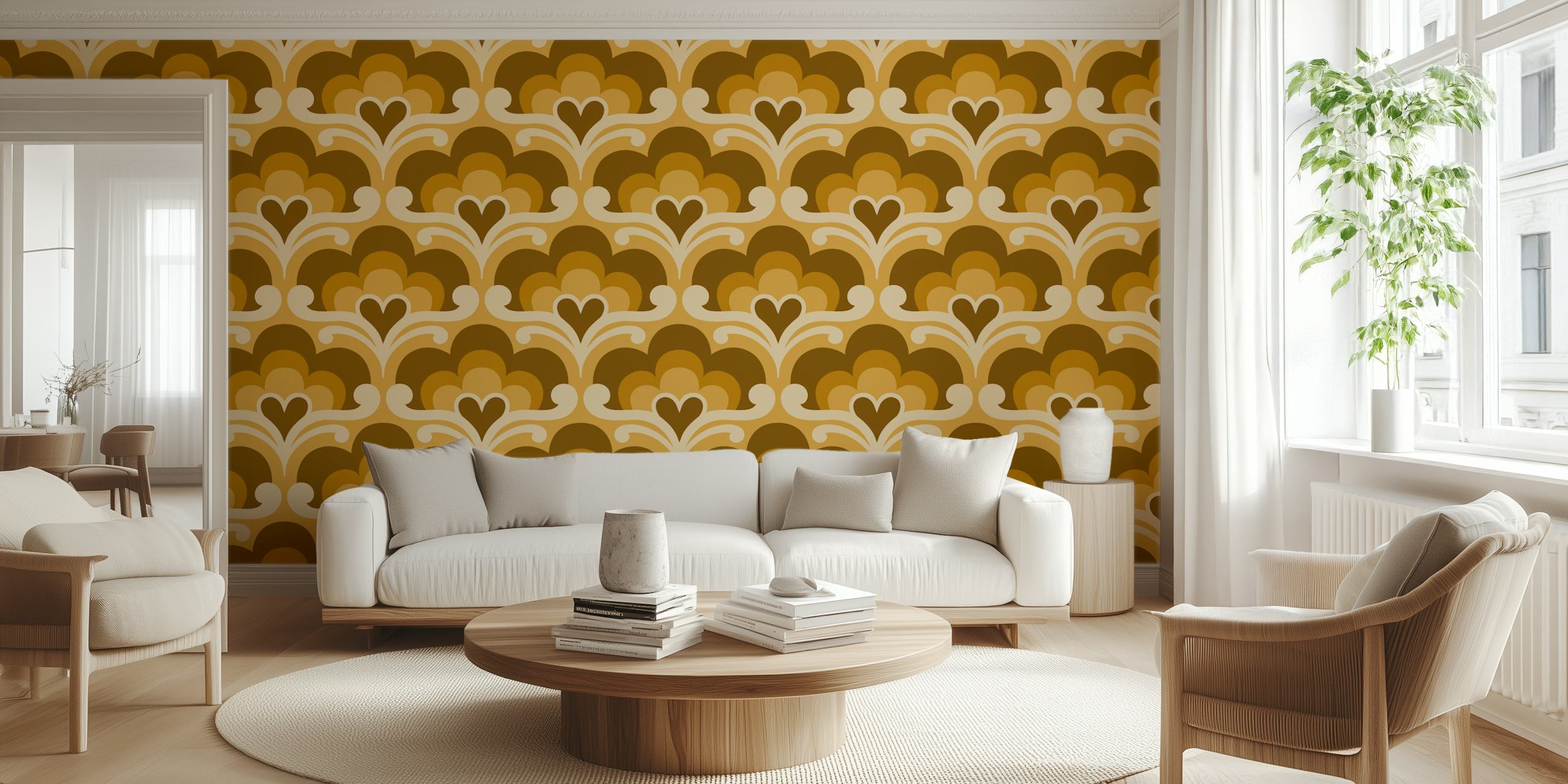 Golden Retro Blossoms wallpaper in a room