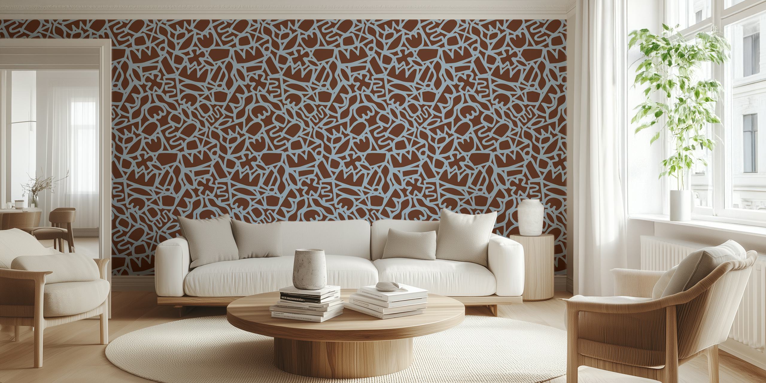 Abstract floral patterns in brown and blue tones wallpaper