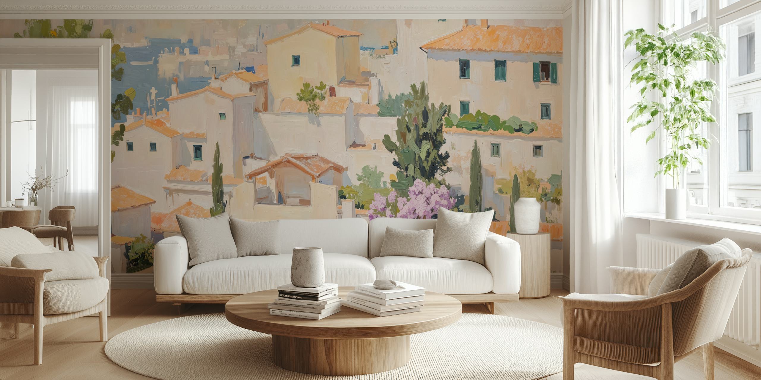 Mediterranean village scene with white houses and green trees wallpaper