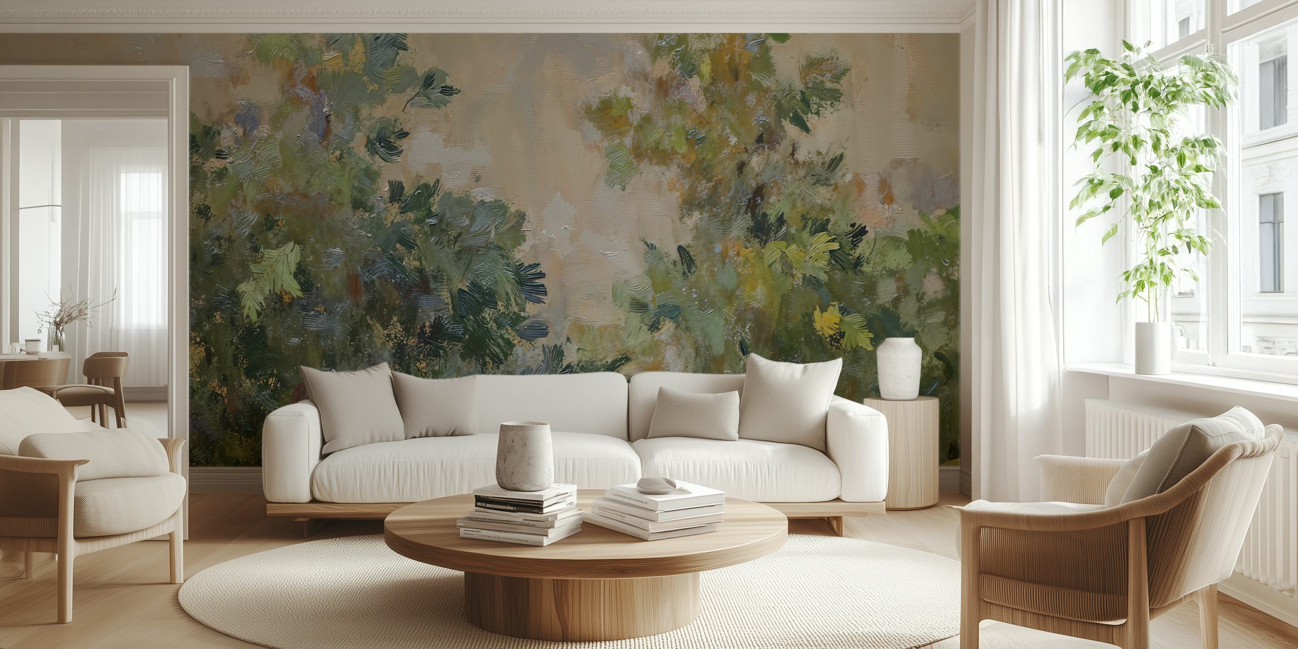 Textured green trees and foliage on beige backdrop wallpaper