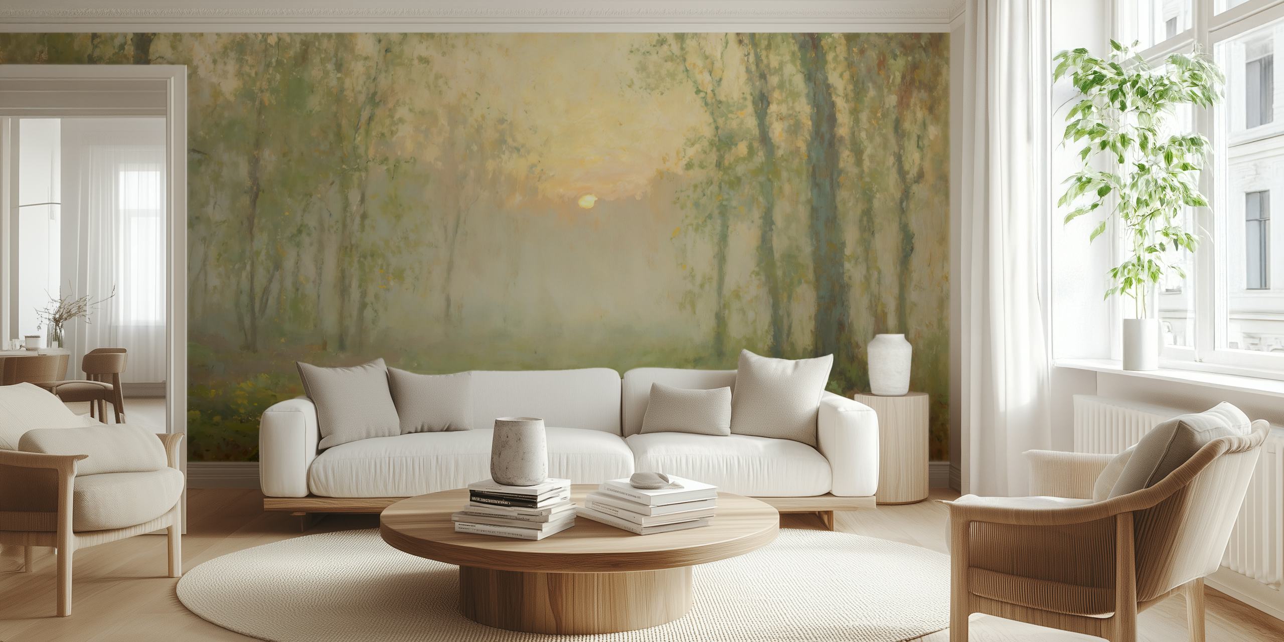 Misty forest at sunrise wallpaper in a room