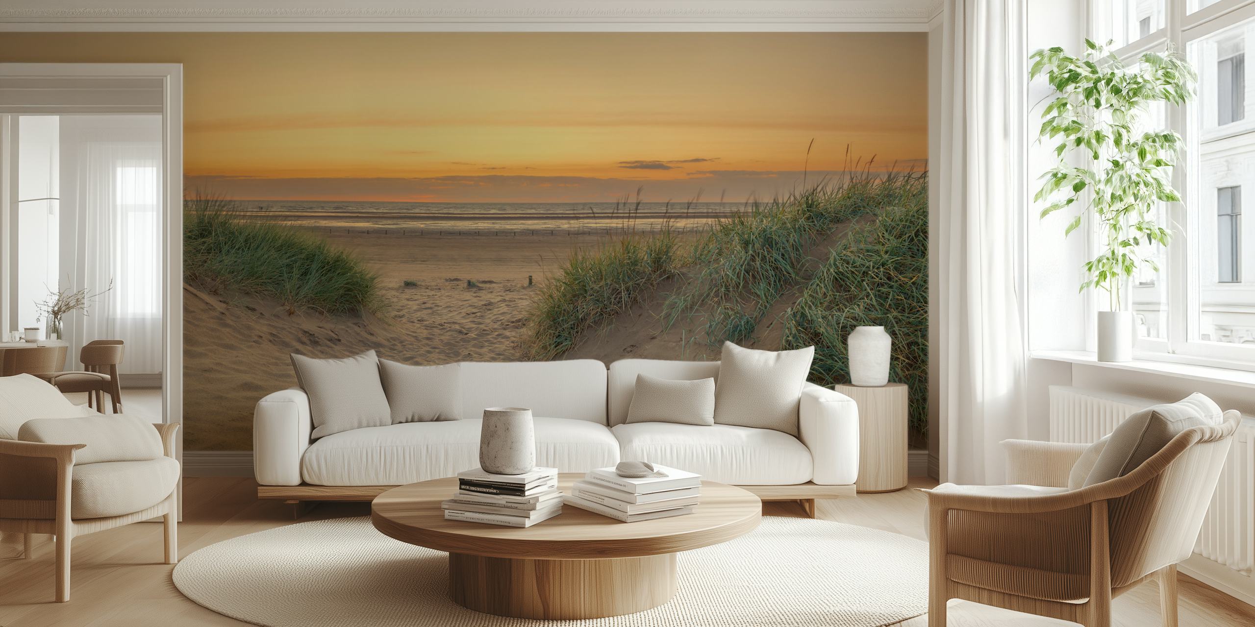 Coastal beach sunset wallpaper with sand dunes and grass