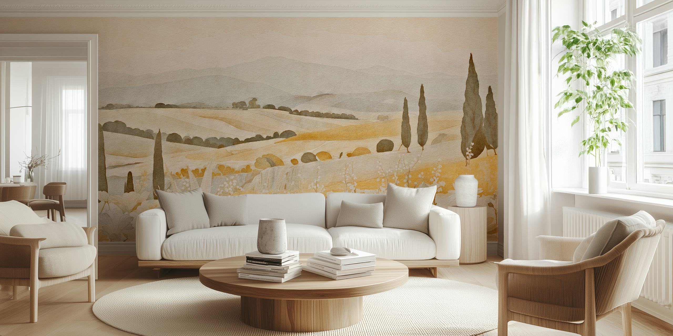 Soft landscape with hills and flowers in beige pastel colors wallpaper