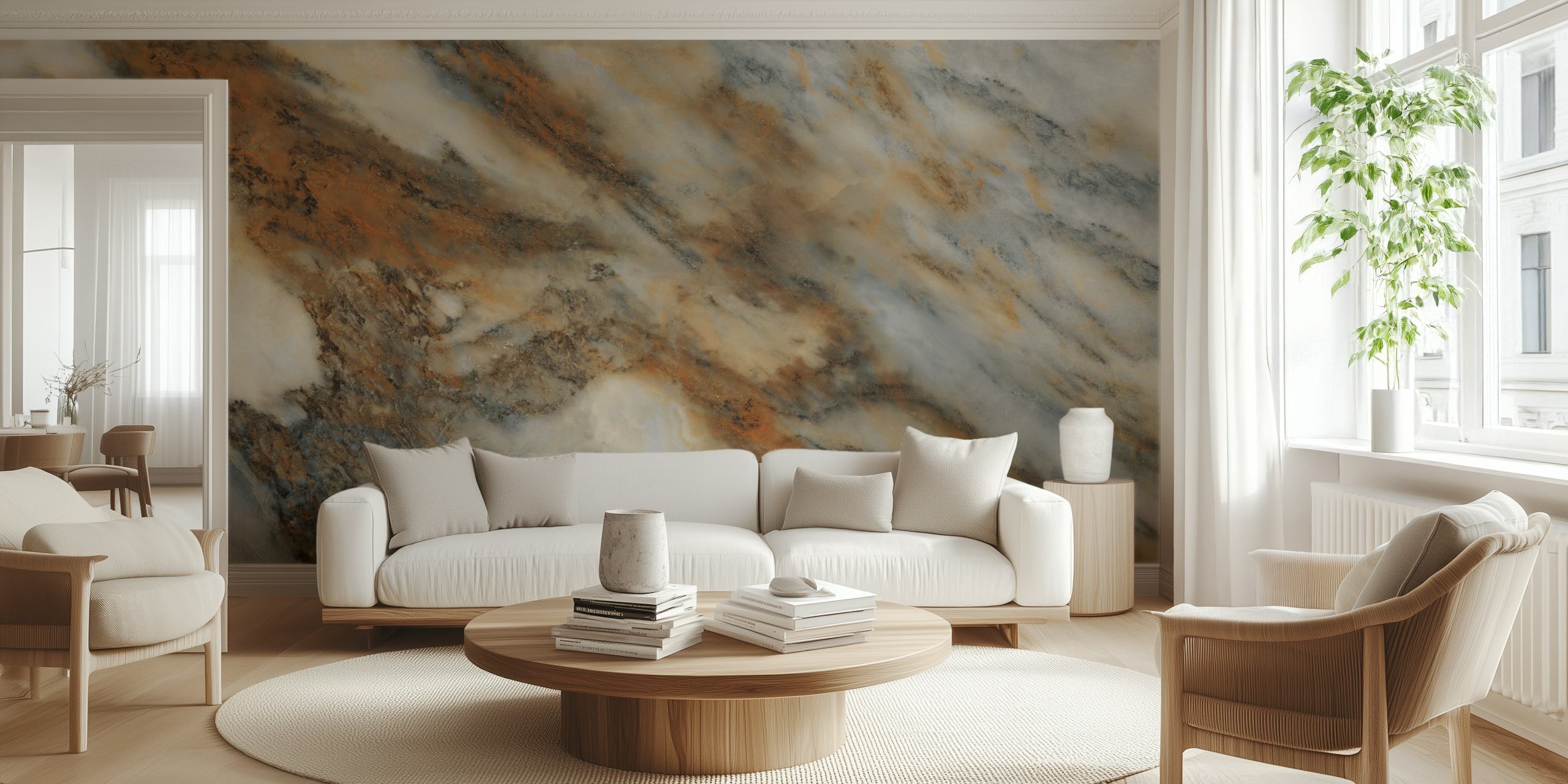 Marble wallpaper in soft gray and warm gold tones with stone patterns