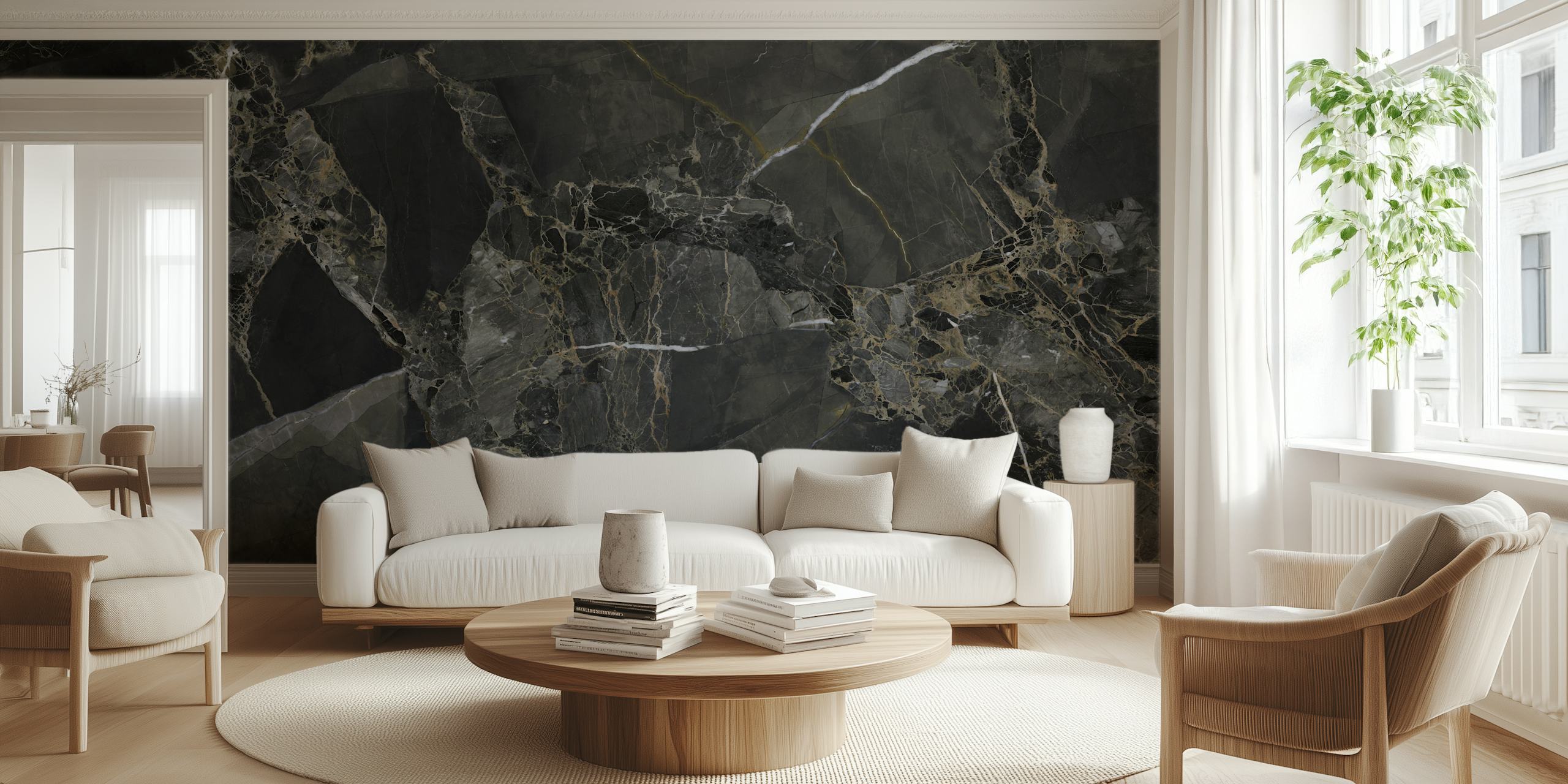 Black and gold marble pattern wallpaper with rich textures.