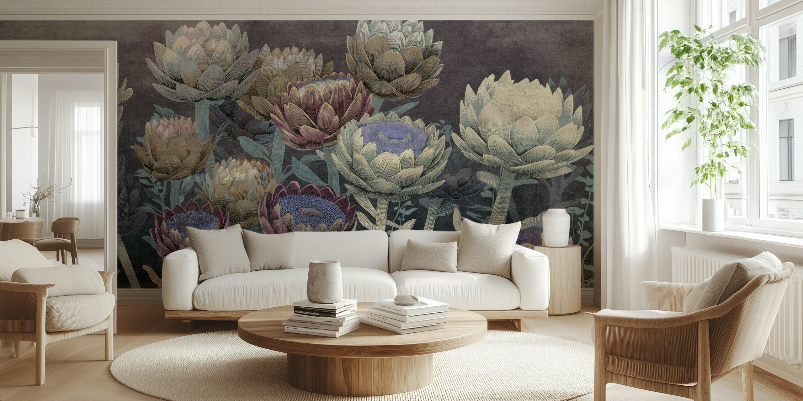 Floral motifs with soft gray and purple colors in an elegant wallpaper design