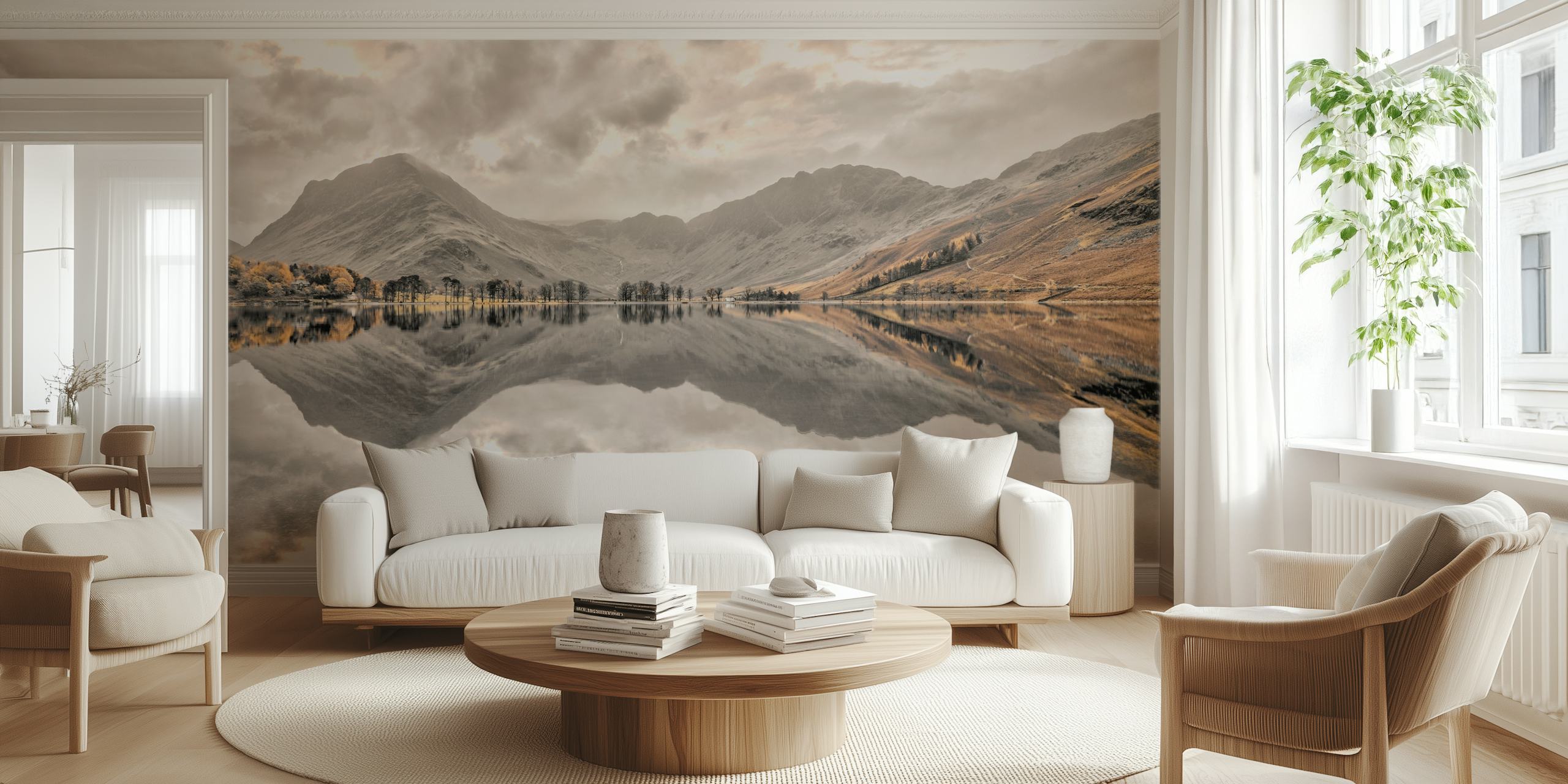 Mountain reflection in a lake with gray tones wallpaper